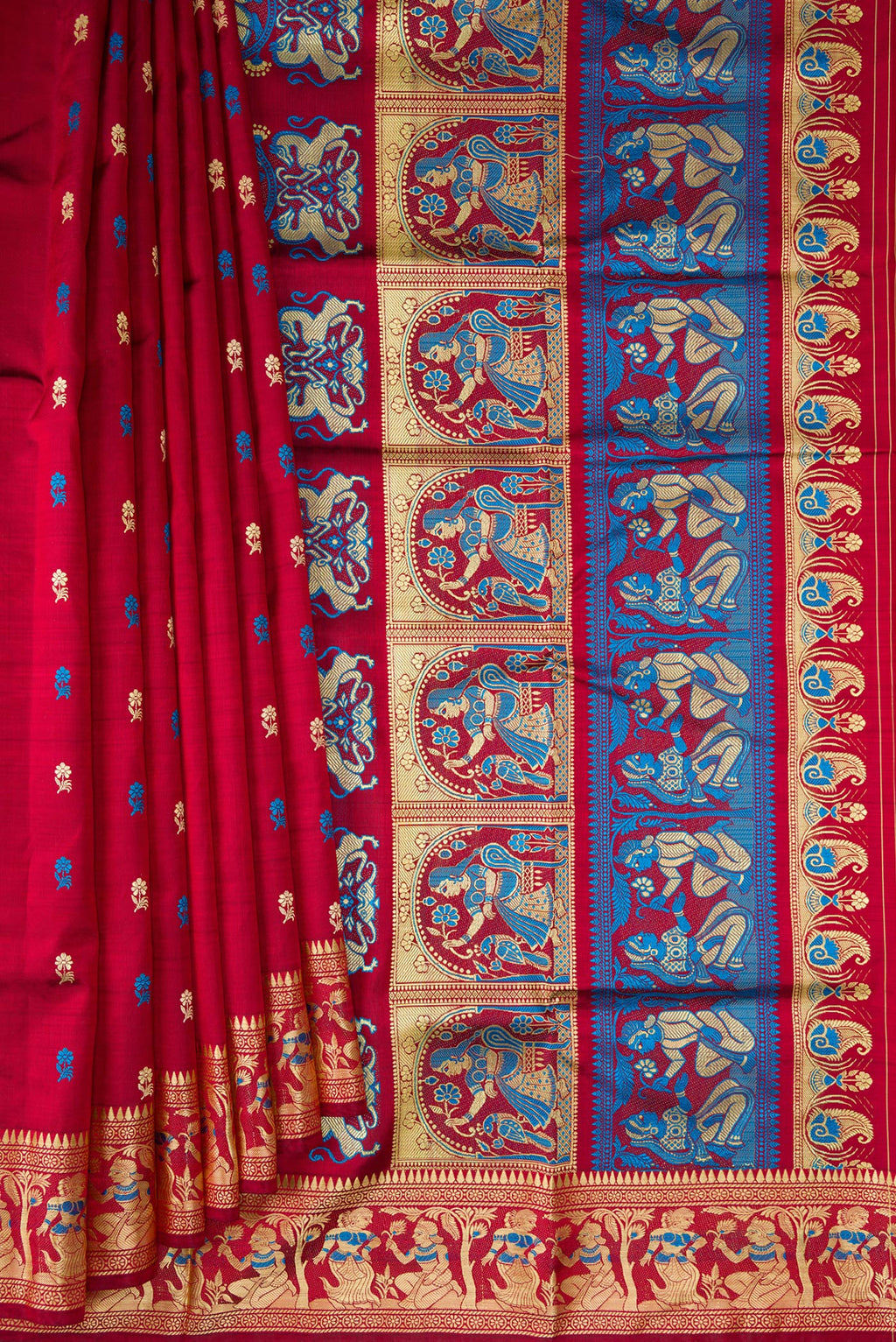 Pleats and pallu of Maroon Baluchari Silk Saree with Thread Butta on the body and Thread Border. 