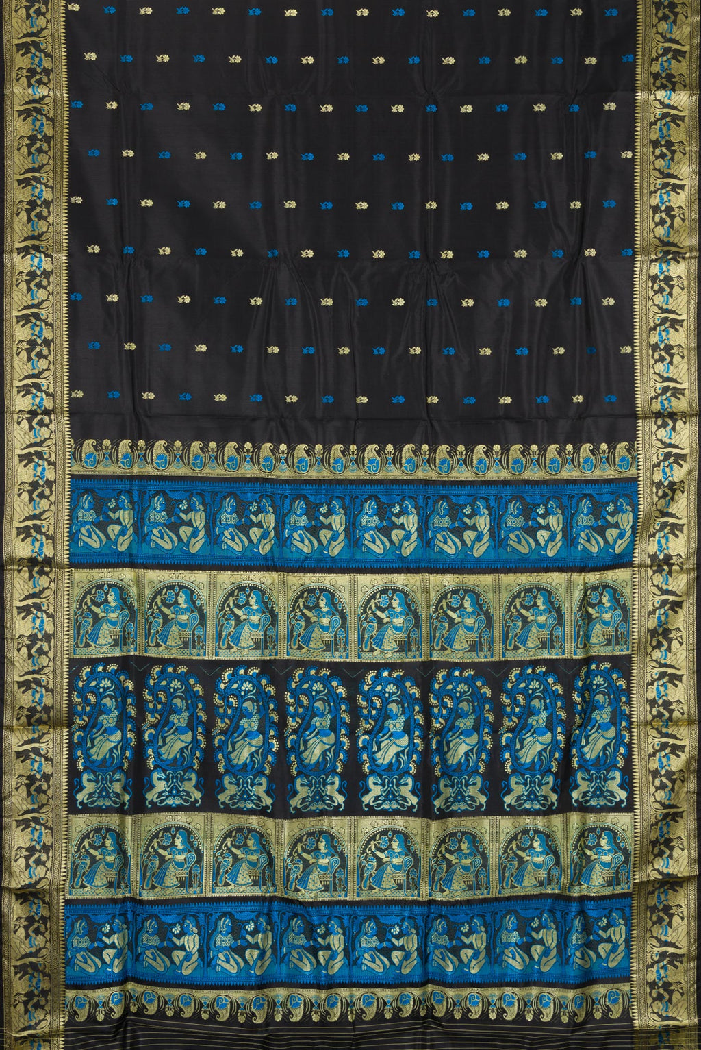 Flat view of Black Baluchari Silk Saree with Thread Butta on the body and Thread Border. 
