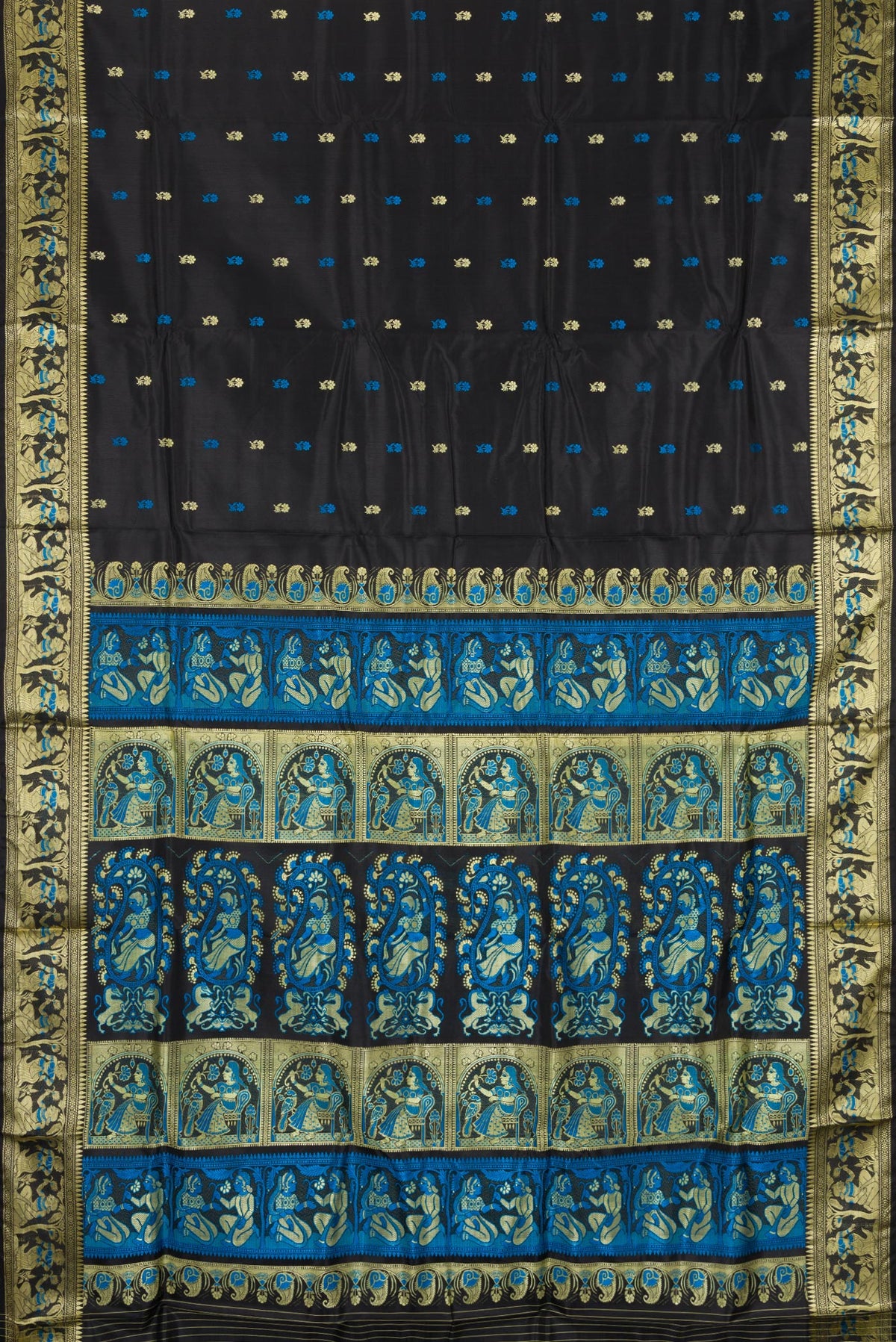 Flat view of Black Baluchari Silk Saree with Thread Butta on the body and Thread Border. 