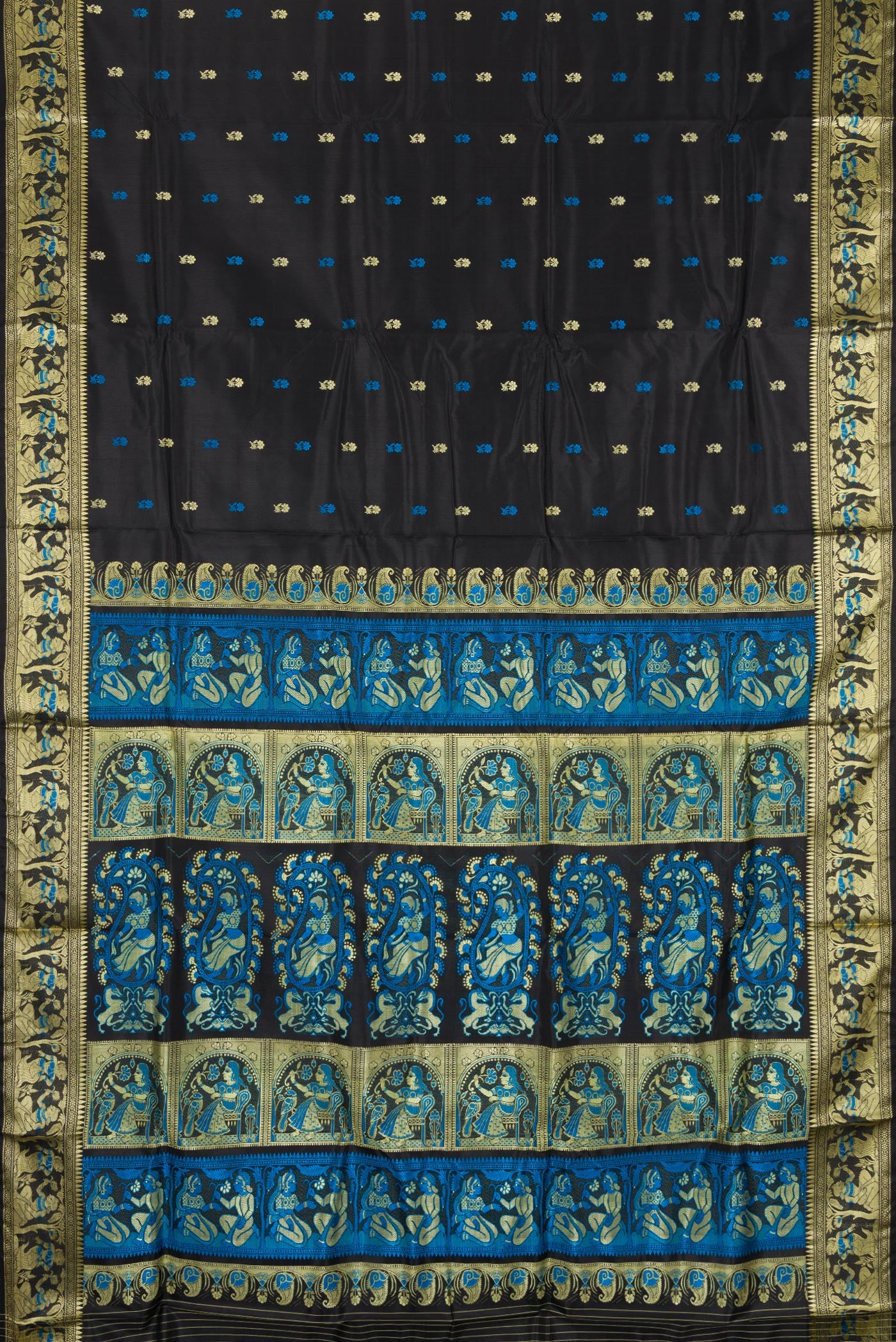 Flat view of Black Baluchari Silk Saree with Thread Butta on the body and Thread Border. 