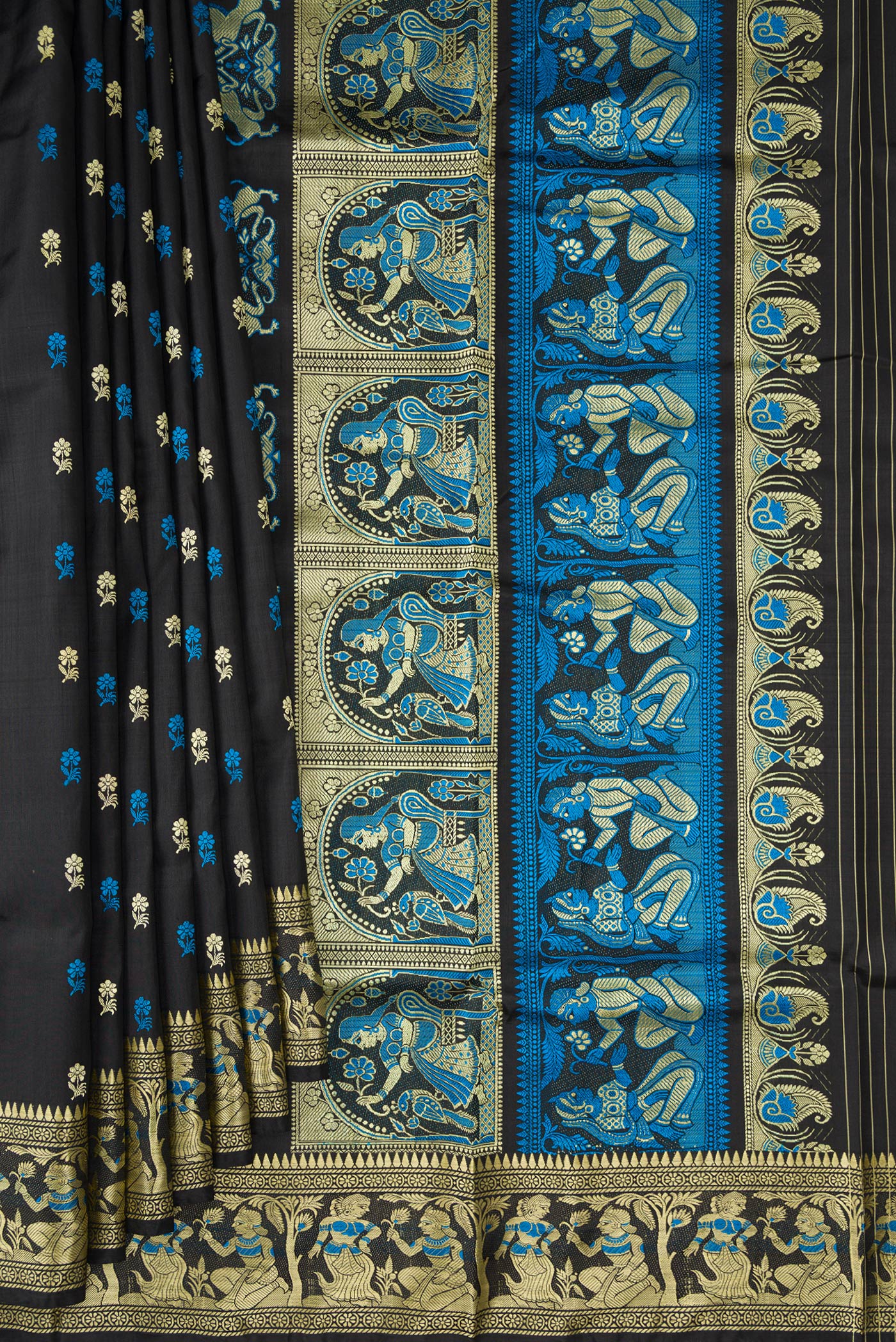 Pleats and pallu of Black Baluchari Silk Saree with Thread Butta on the body and Thread Border. 