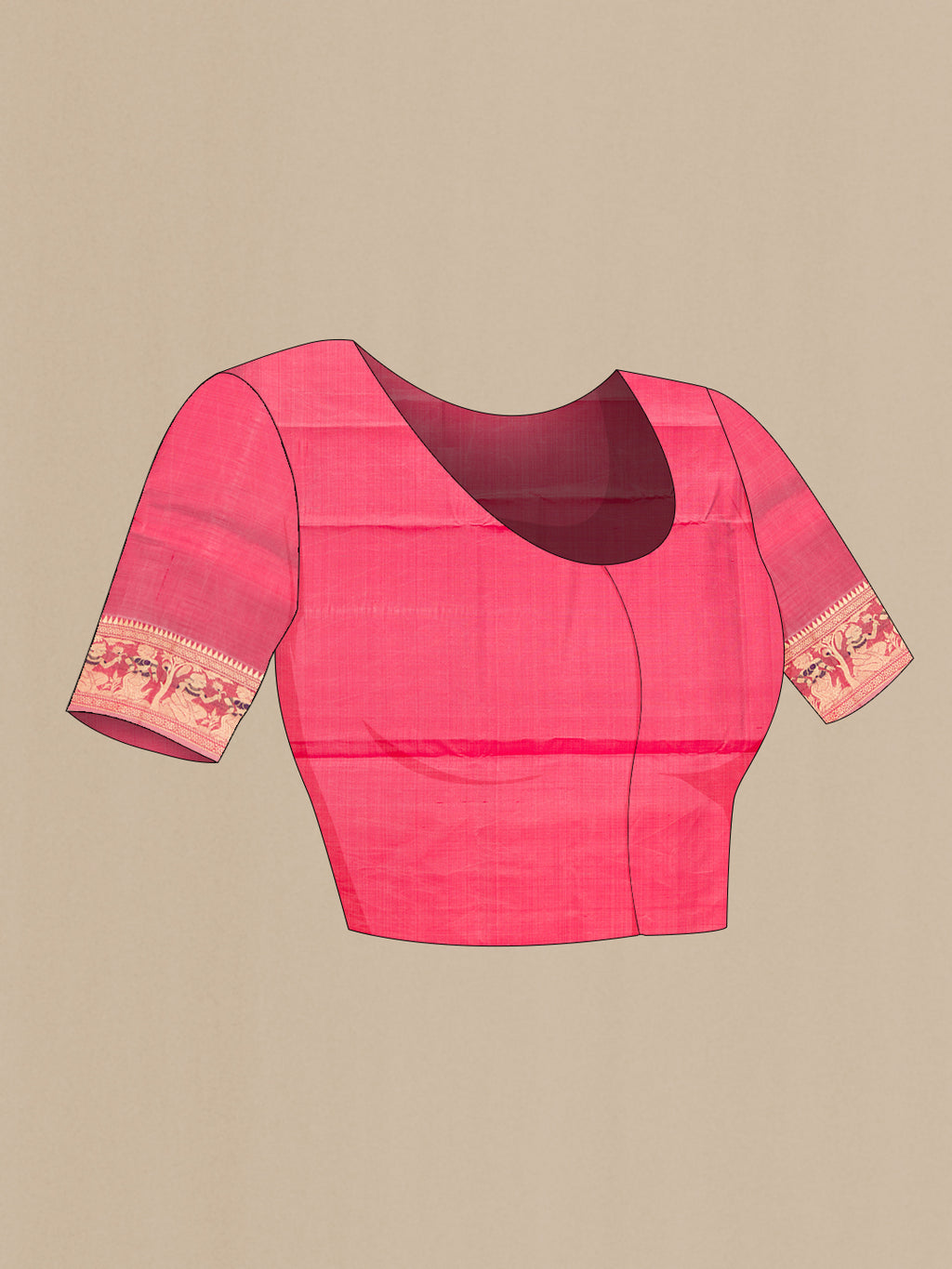 Close up image of the blouse of Coral Baluchari Silk Saree with Thread Butta on the body and Thread Border. 