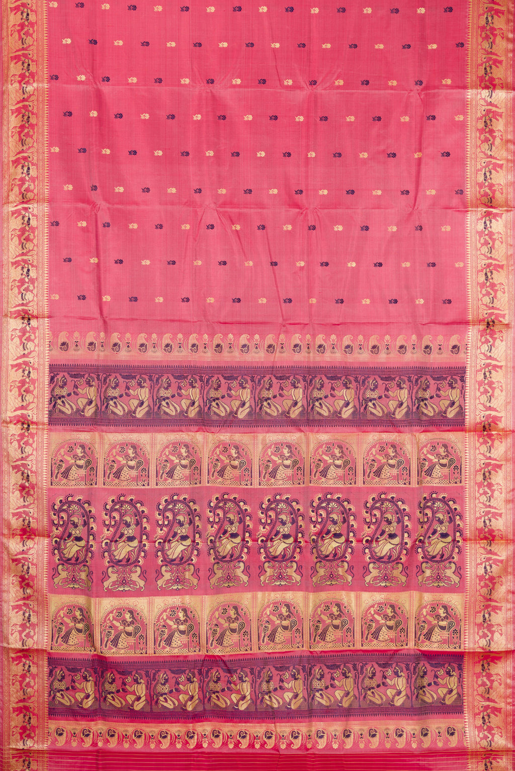 Flat view of Coral Baluchari Silk Saree with Thread Butta on the body and Thread Border. 