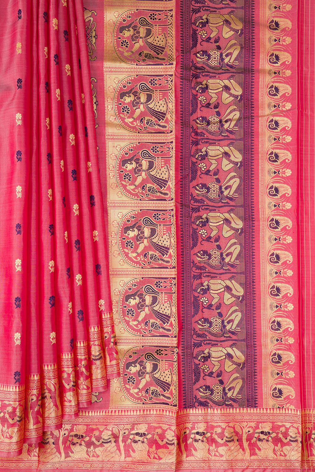 Pleats and pallu of Coral Baluchari Silk Saree with Thread Butta on the body and Thread Border. 
