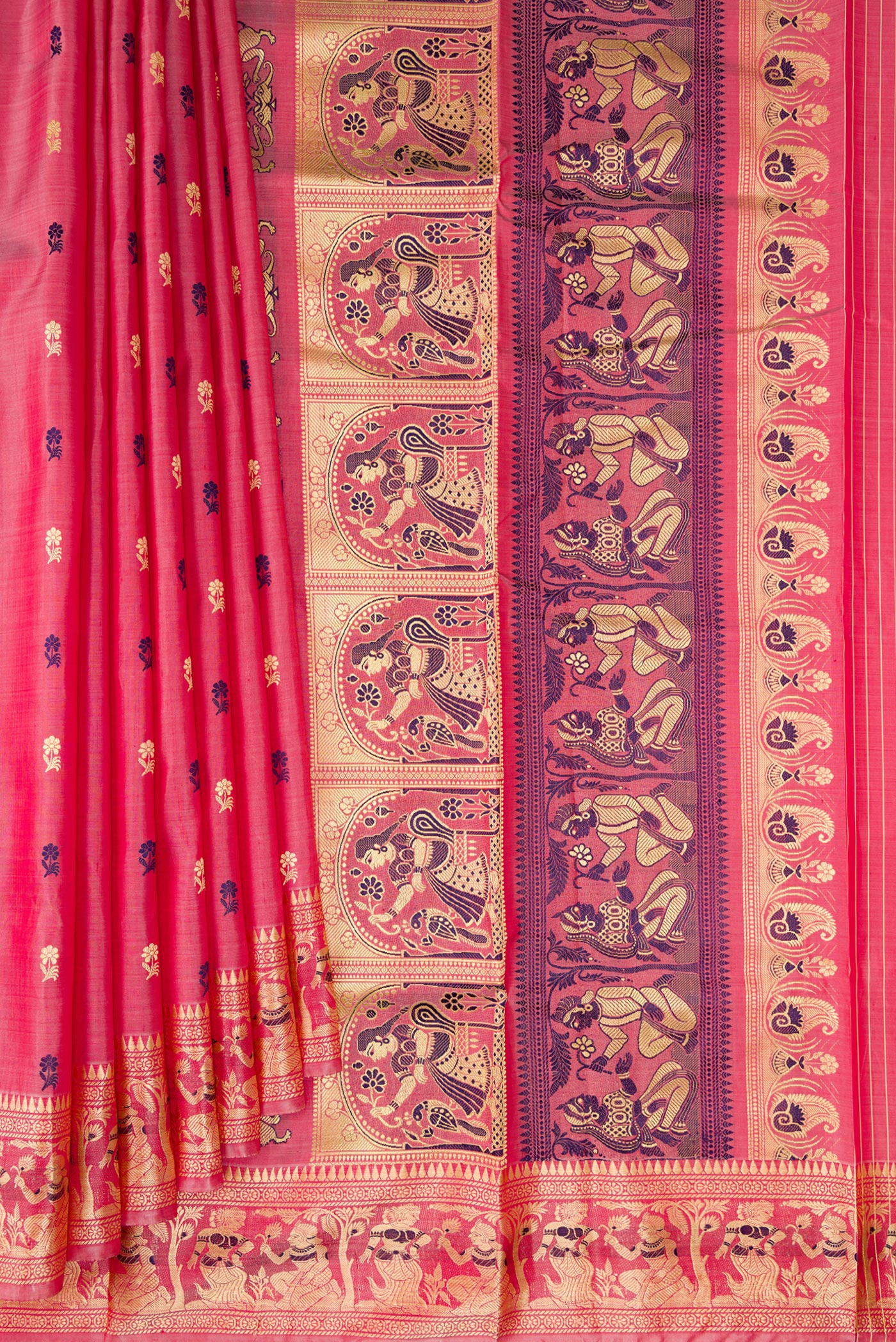 Pleats and pallu of Coral Baluchari Silk Saree with Thread Butta on the body and Thread Border. 