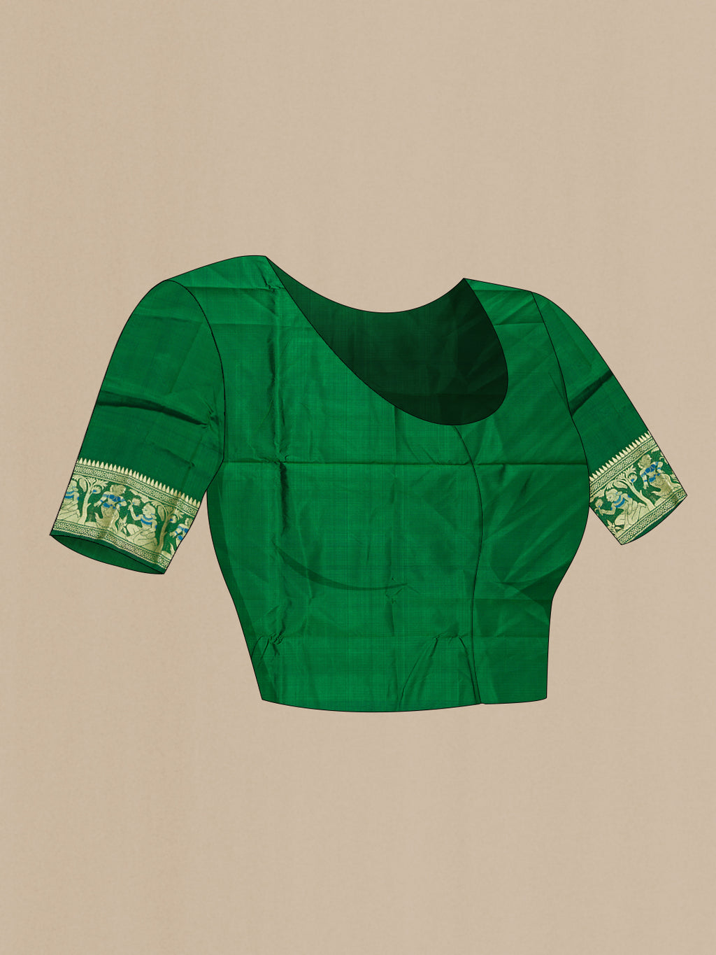 Close up image of the blouse of Green Baluchari Silk Saree with Thread Butta on the body and Thread Border. 