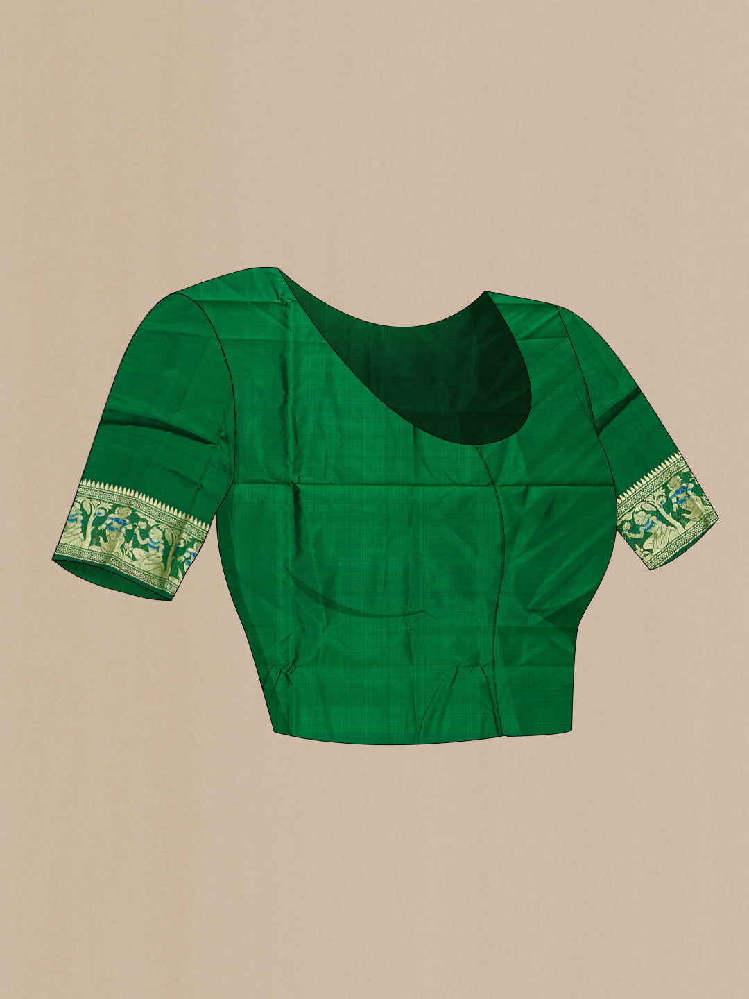 Close up image of the blouse of Green Baluchari Silk Saree with Thread Butta on the body and Thread Border. 