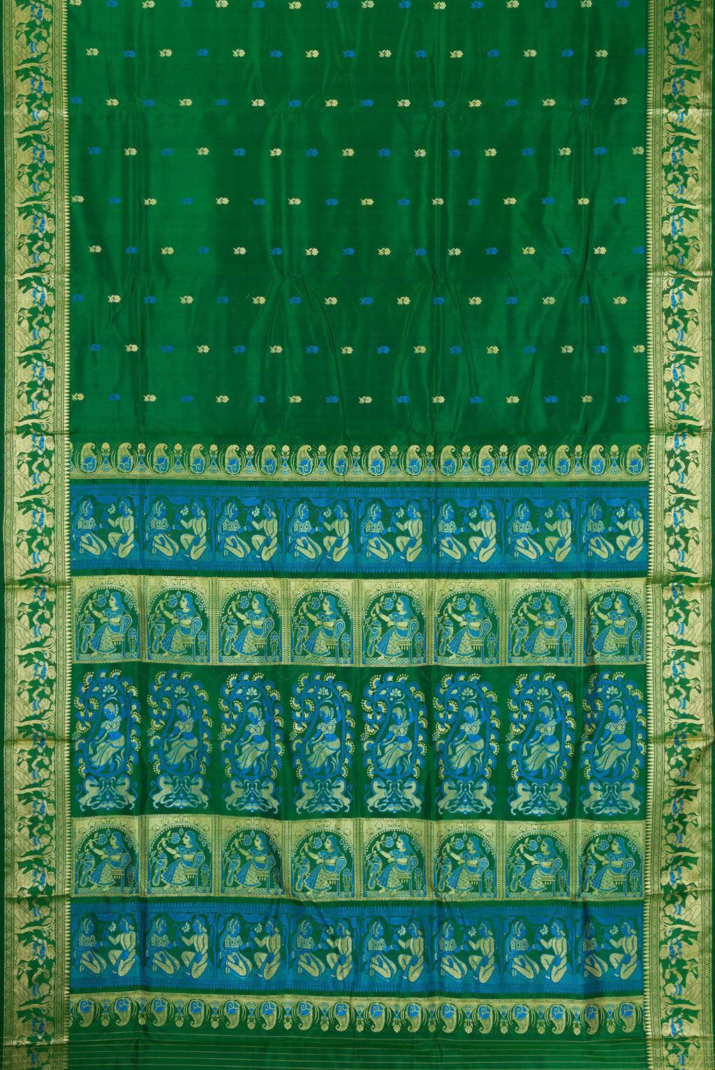 Flat view of Green Baluchari Silk Saree with Thread Butta on the body and Thread Border. 