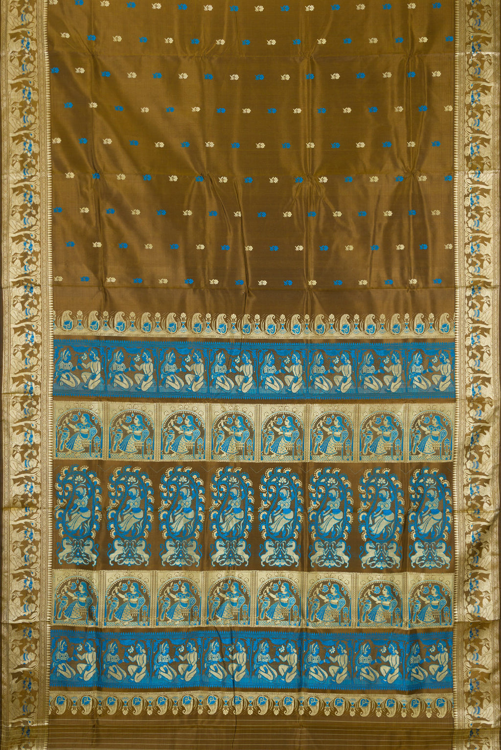 Flat view of Mehandi Green Baluchari Silk Saree with Thread Butta on the body and Thread Border. 