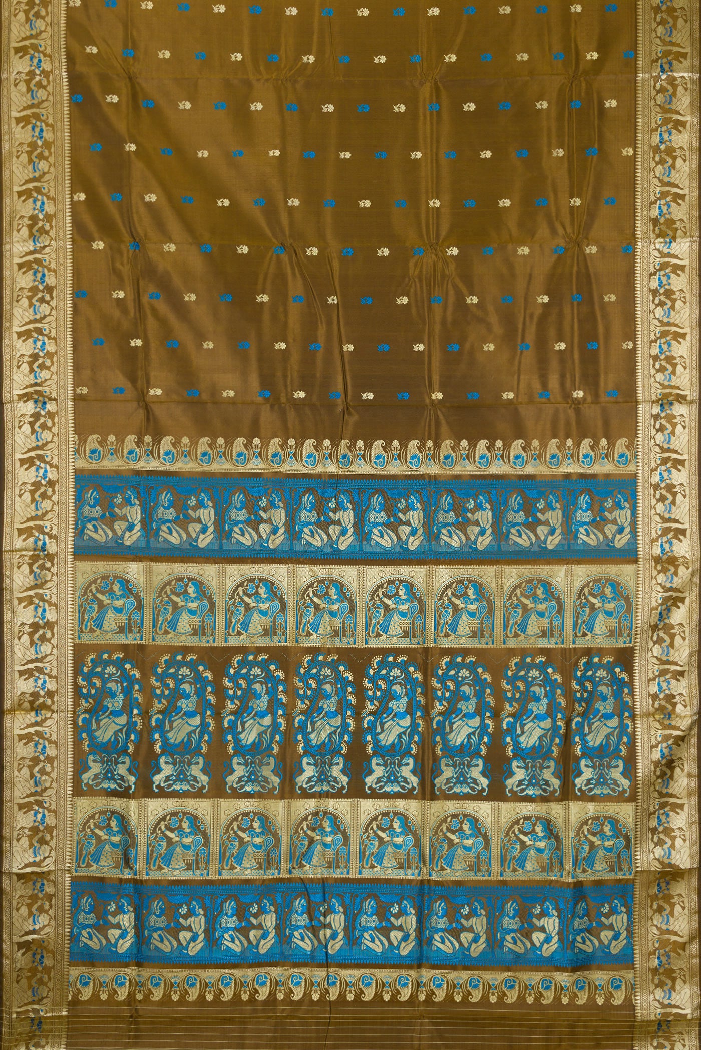 Flat view of Mehandi Green Baluchari Silk Saree with Thread Butta on the body and Thread Border. 