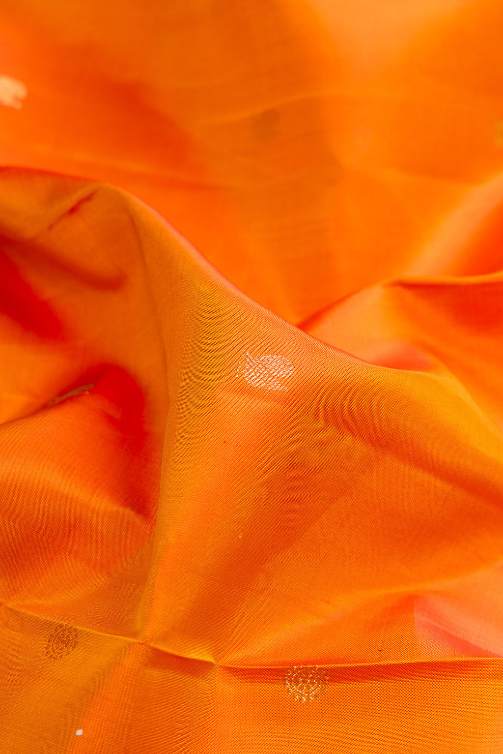 Close up of Pure Silk Mustard Dual Tone Kanjivaram Saree with Zari Butta on the body and Zari Border.  displaying folds