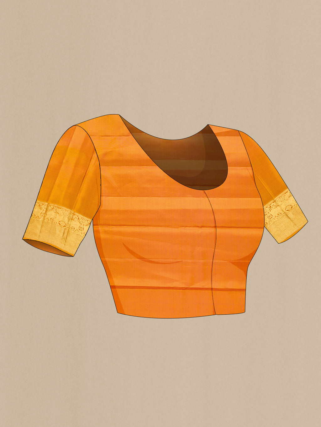 Close up image of the blouse of Mustard Dual Tone Kanjivaram Silk Saree with Zari Butta on the body and Zari Border. 