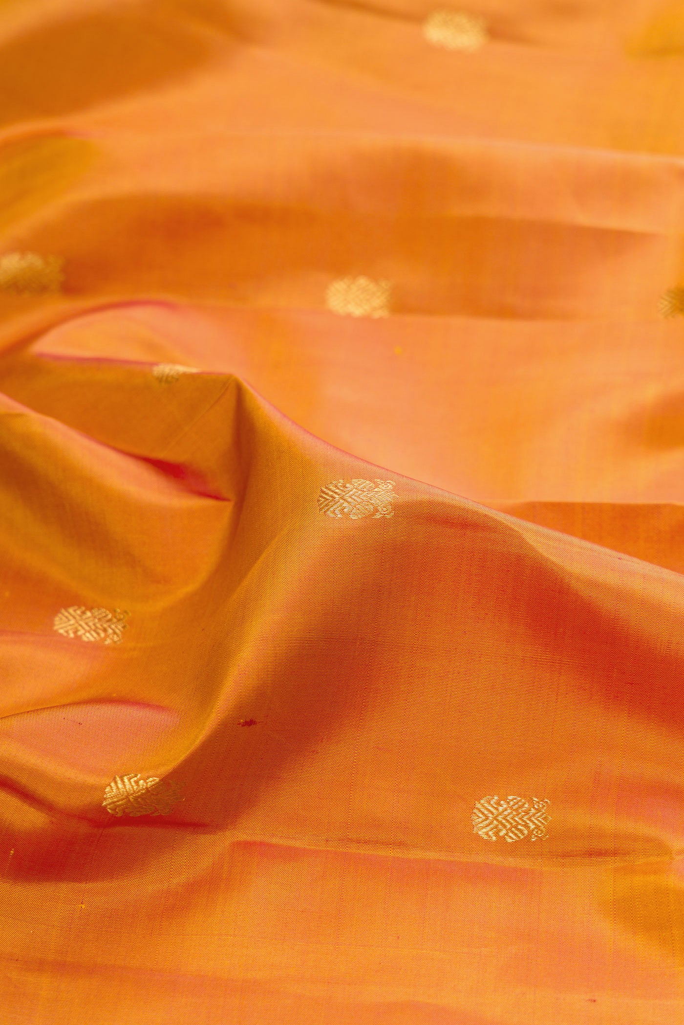 Close up of Mustard Dual Tone Kanjivaram Silk Saree with Zari Butta on the body and Zari Border.  displaying folds