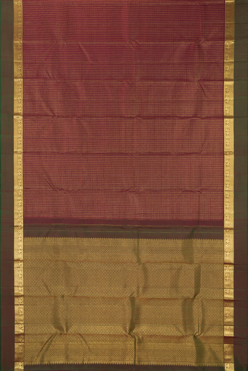 Flat view of Pure Silk Maroon Kanchipuram Saree with Checked design on the body and Zari Border. 