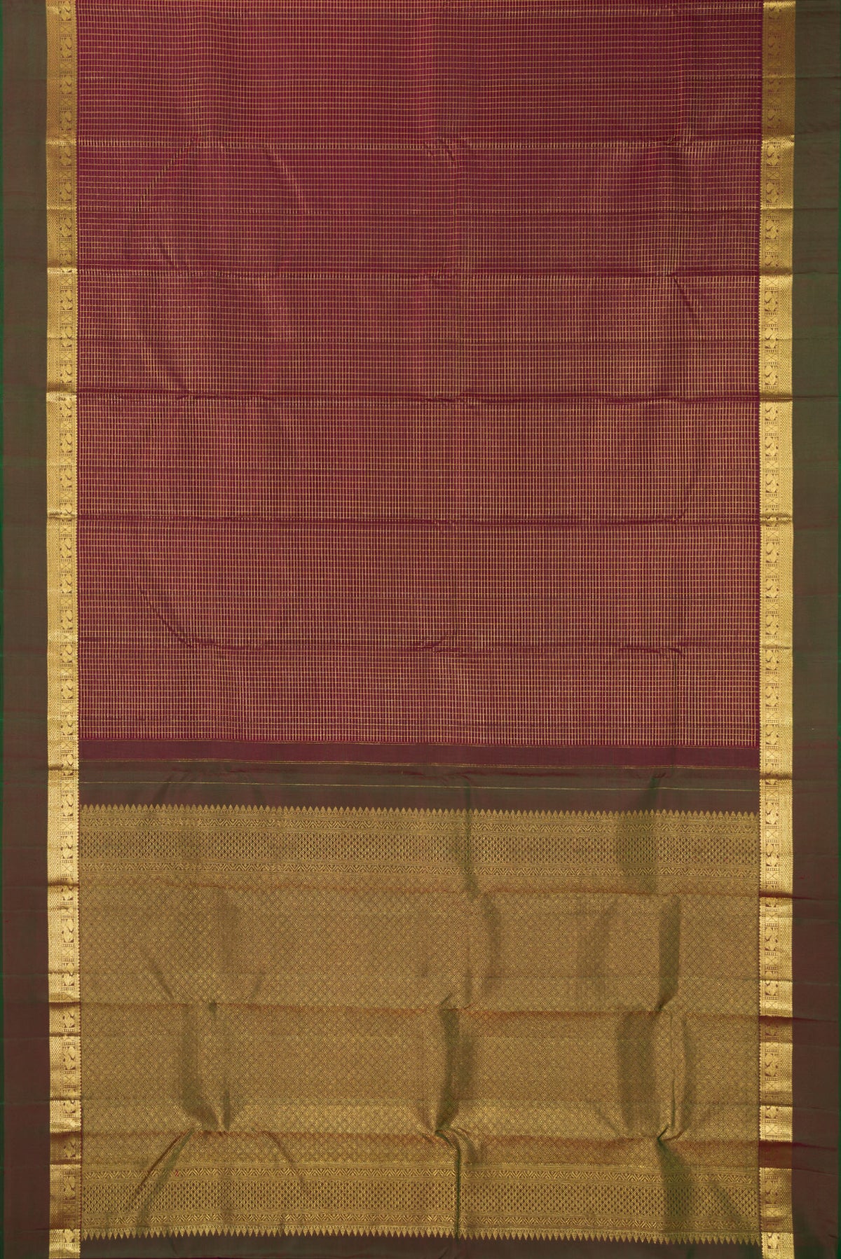 Flat view of Pure Silk Maroon Kanchipuram Saree with Checked design on the body and Zari Border. 