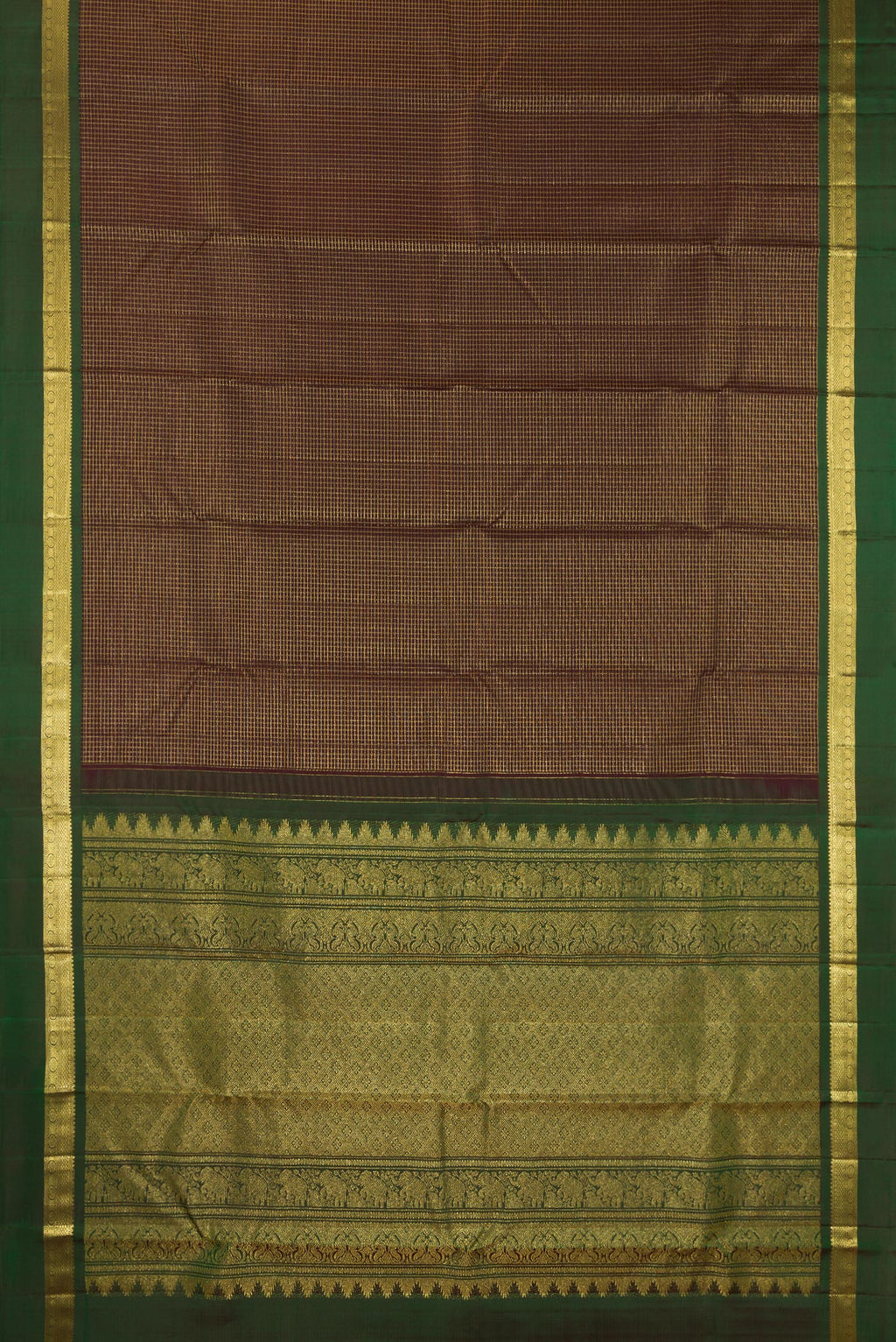 Flat view of Pure Silk Coffee Brown Kanchipuram Saree with Checked design on the body and Zari Border. 