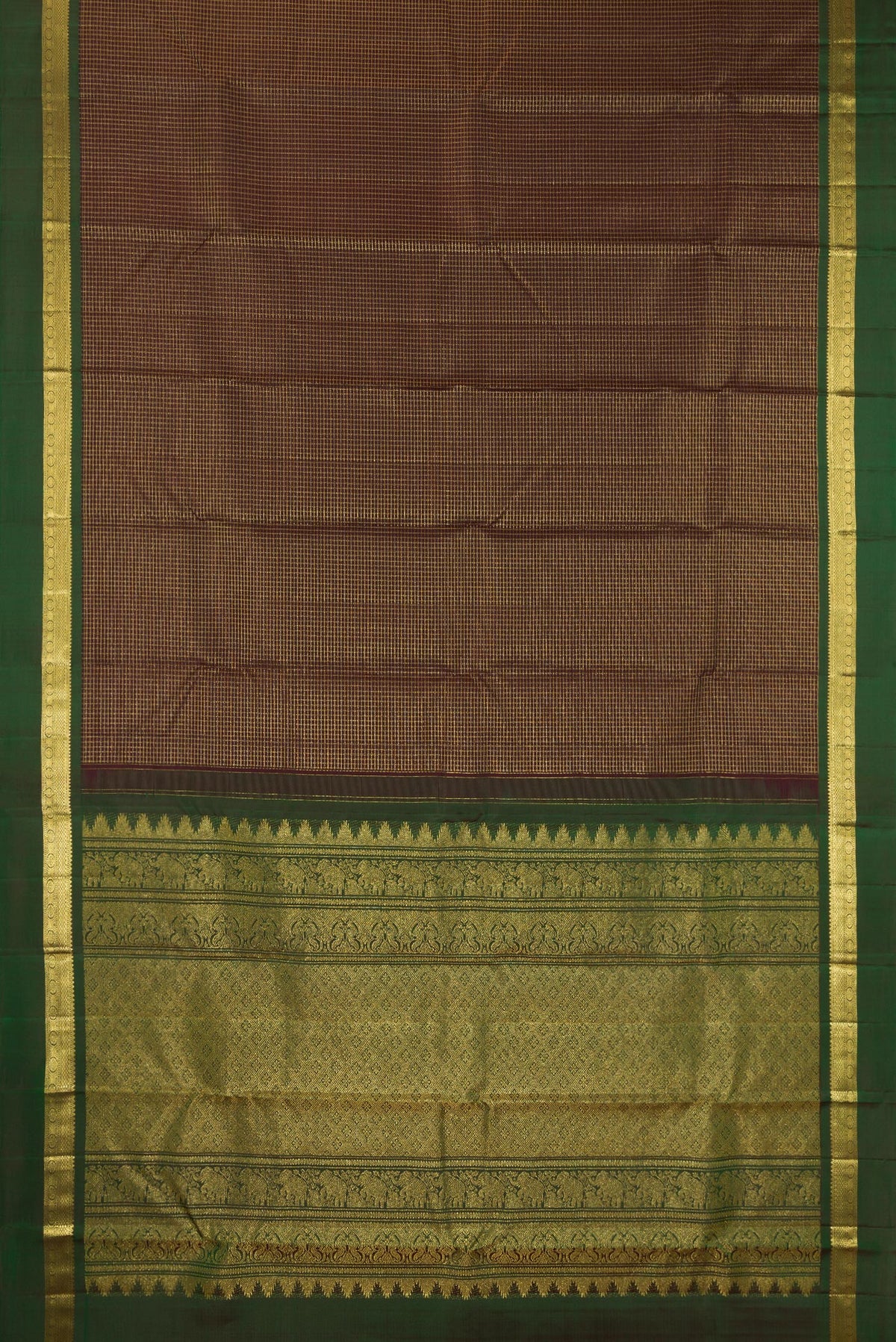 Flat view of Pure Silk Coffee Brown Kanchipuram Saree with Checked design on the body and Zari Border. 