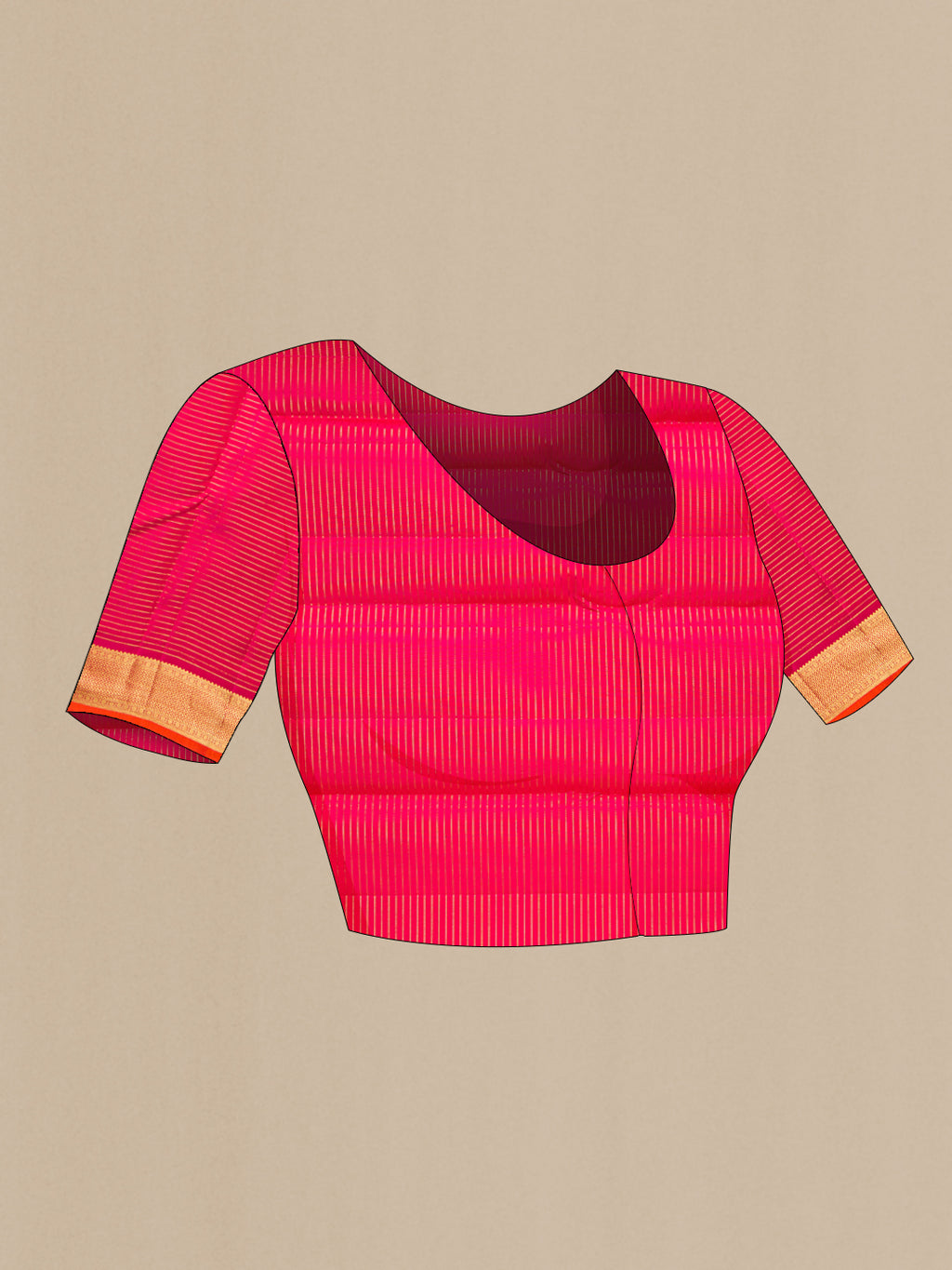 Close up image of the blouse of Pure Silk Mustard Dual Tone Kanchipuram Saree with Checked design on the body and Zari Border. 