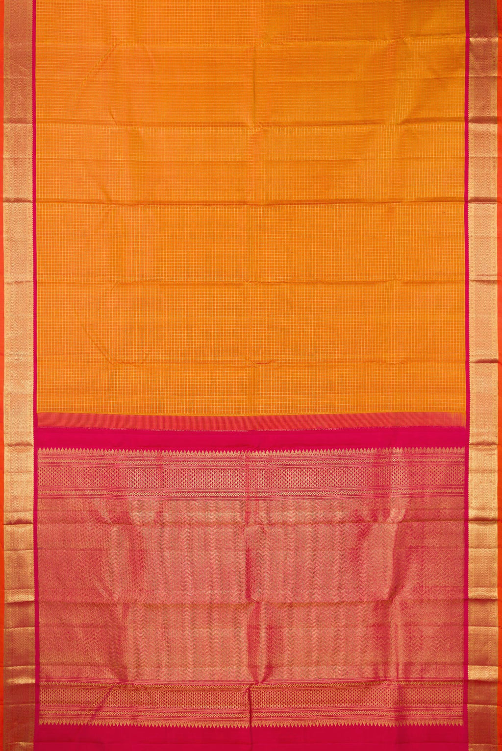 Flat view of Pure Silk Mustard Dual Tone Kanchipuram Saree with Checked design on the body and Zari Border. 