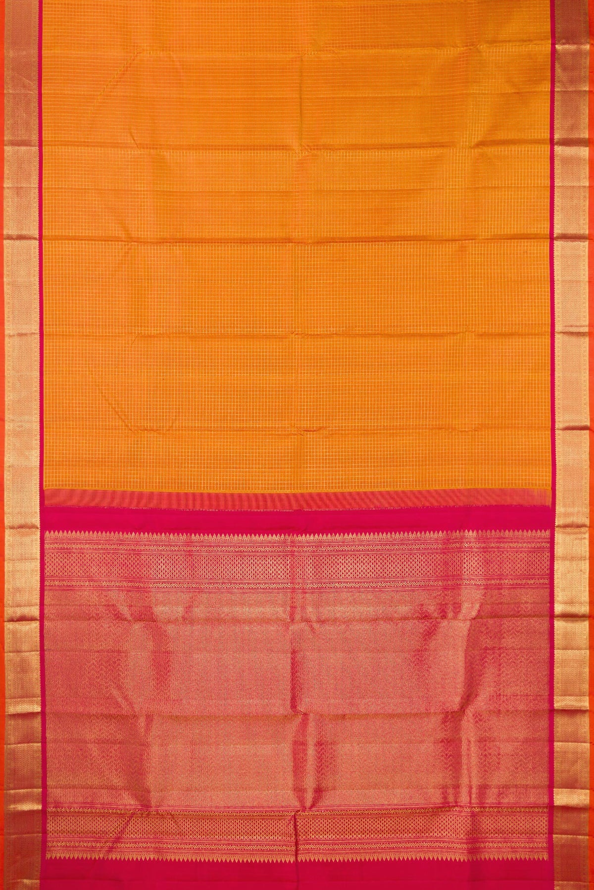 Flat view of Pure Silk Mustard Dual Tone Kanchipuram Saree with Checked design on the body and Zari Border. 