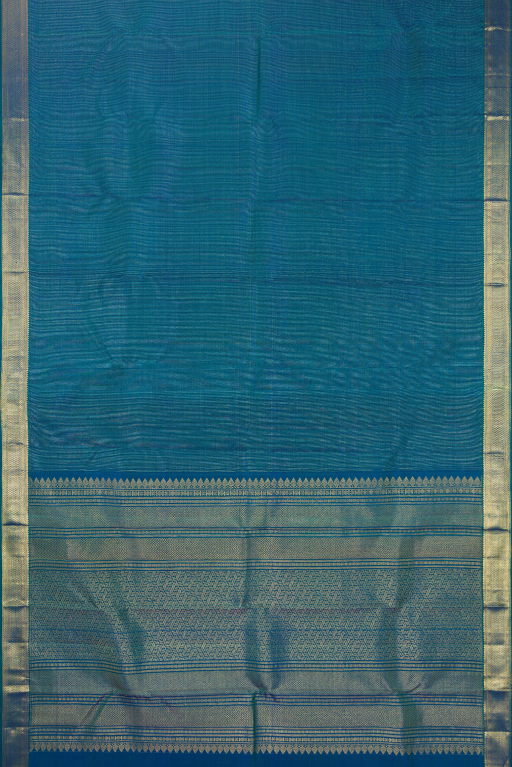 Flat view of Pure Silk Peacock Blue Dual Tone Kanchipuram Saree with Checked design on the body and Zari Border. 
