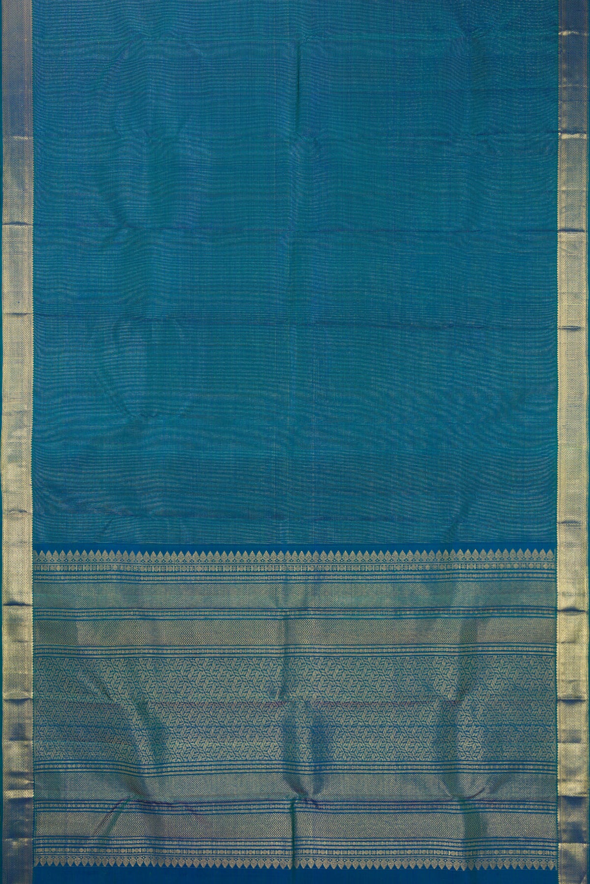 Flat view of Pure Silk Peacock Blue Dual Tone Kanchipuram Saree with Checked design on the body and Zari Border. 