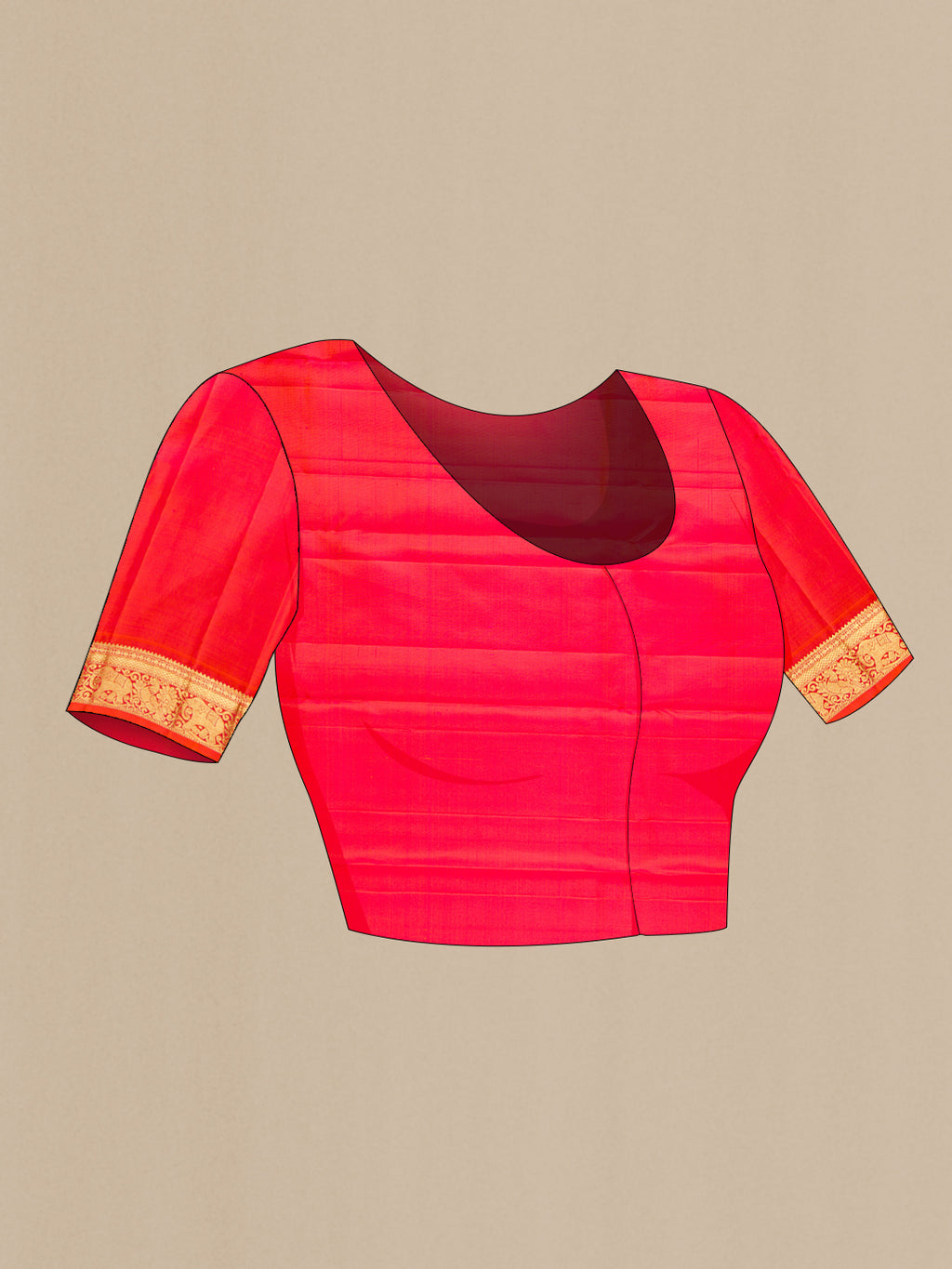 Close up image of the blouse of Pure Silk Maroon Kanchipuram Saree with Zari Butta on the body and Zari Border. 