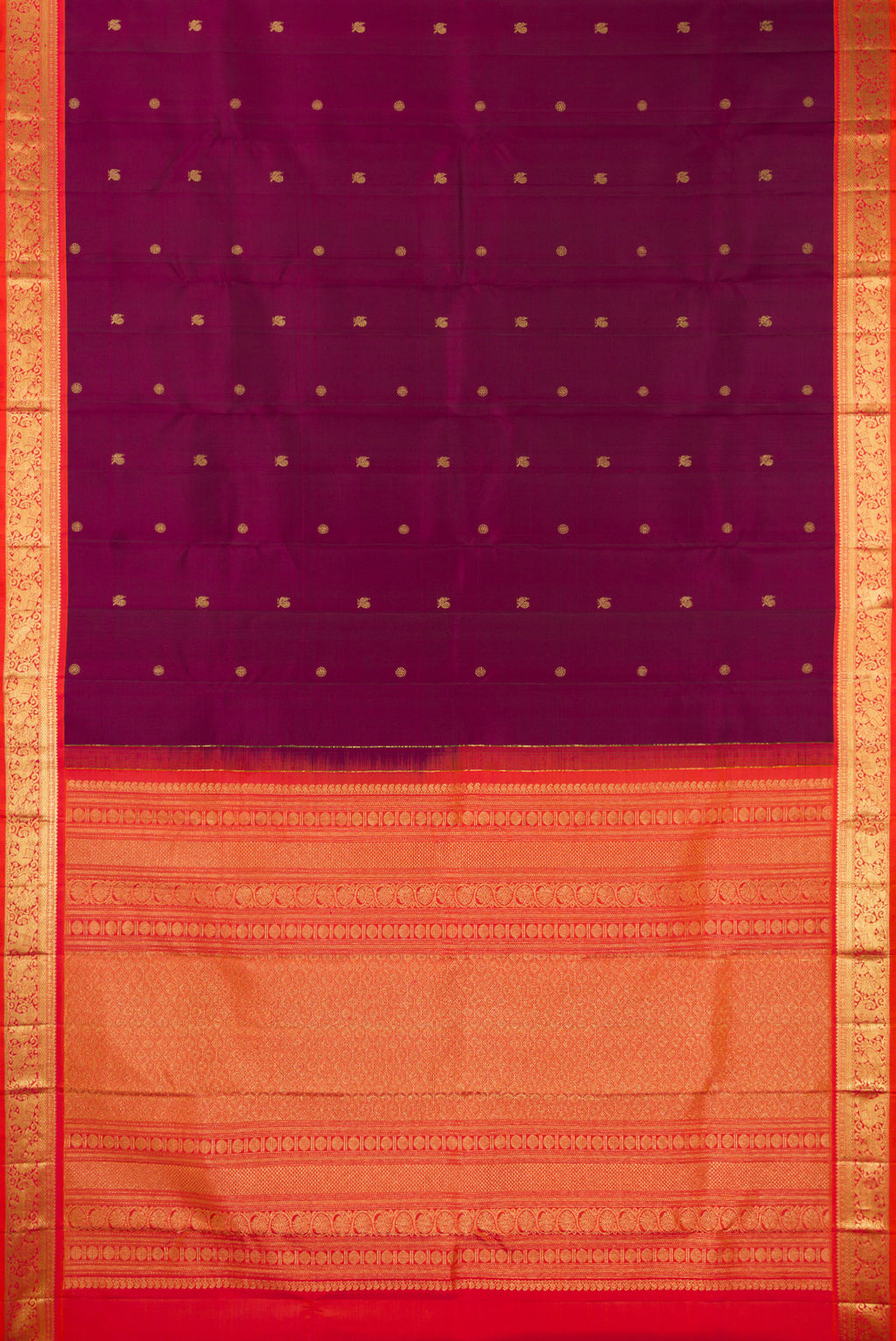 Flat view of Pure Silk Maroon Kanchipuram Saree with Zari Butta on the body and Zari Border. 