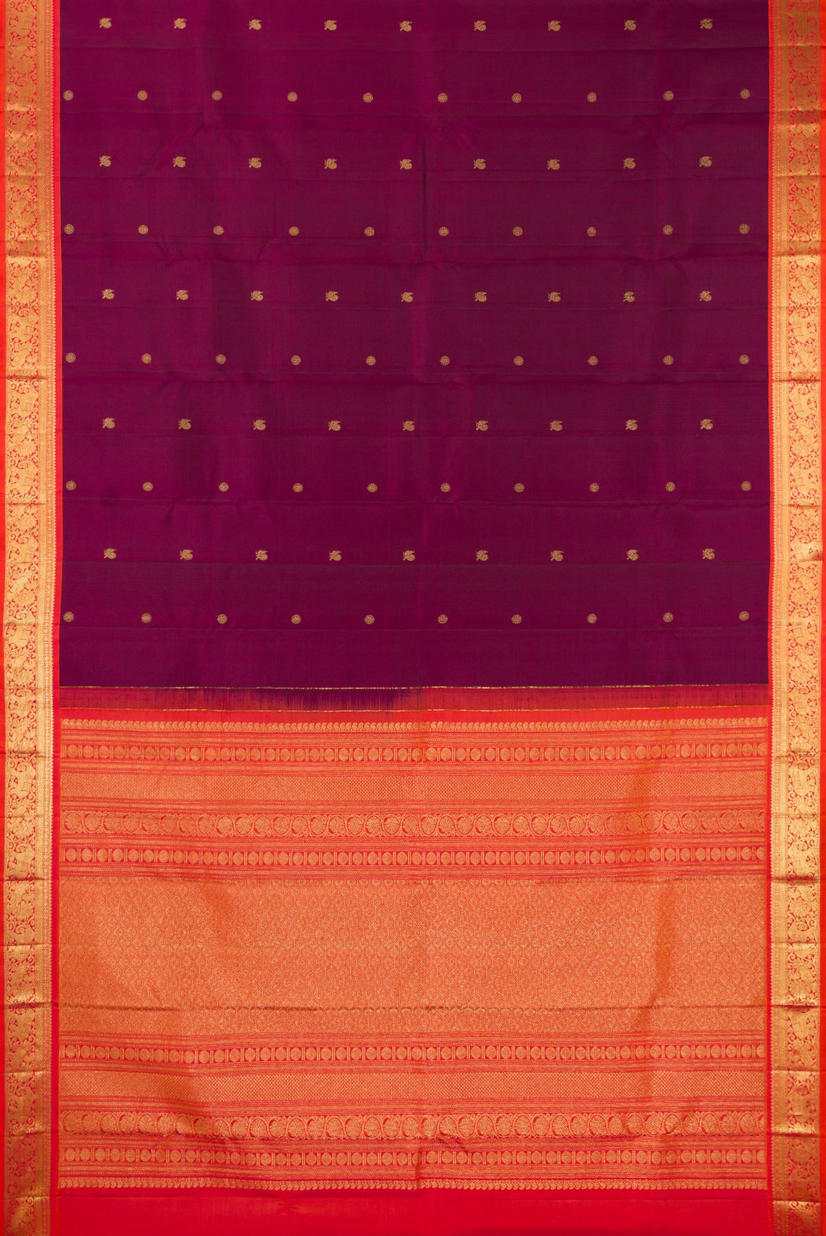 Flat view of Pure Silk Maroon Kanchipuram Saree with Zari Butta on the body and Zari Border. 