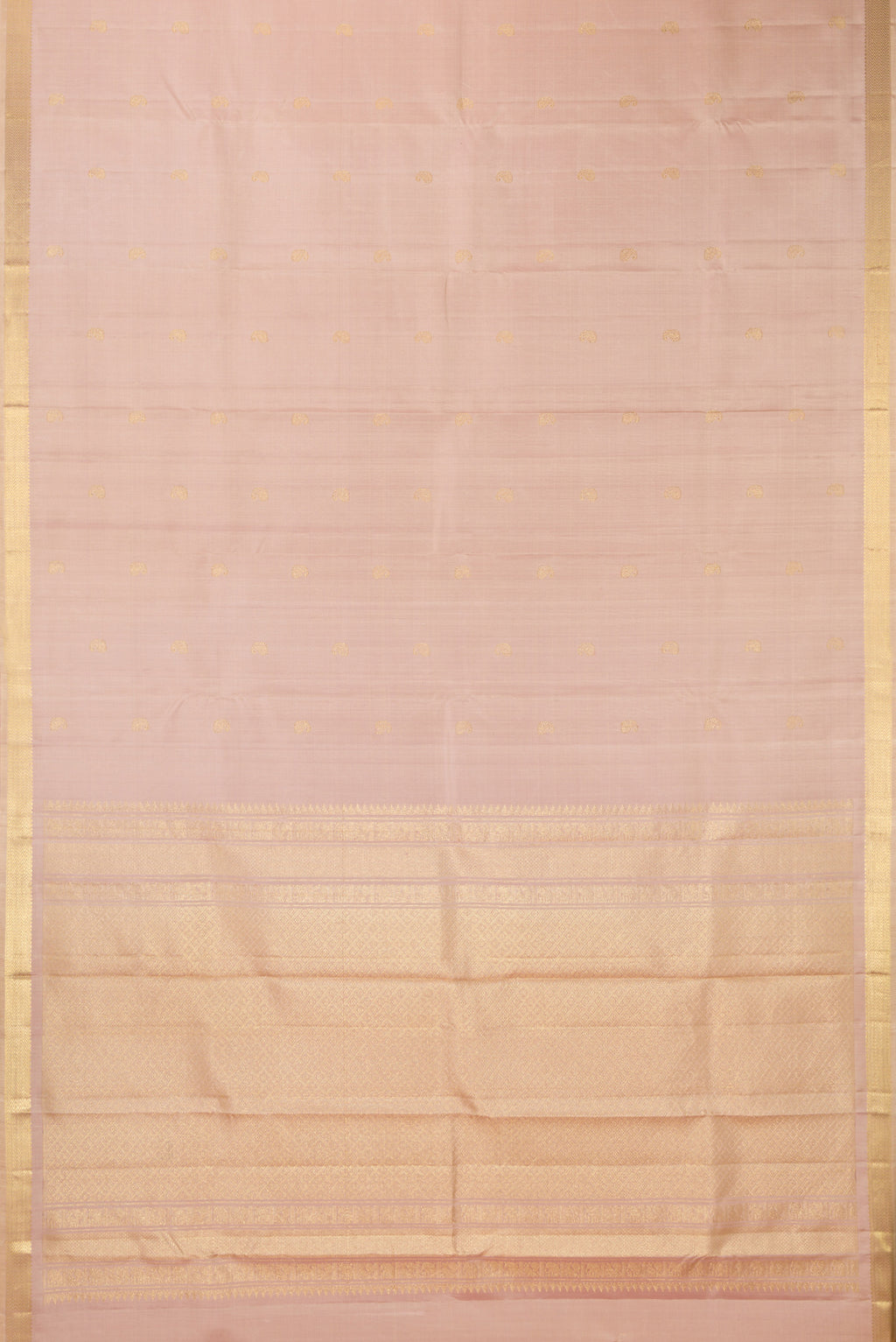Flat view of Pure Silk Sandal Kanchipuram Saree with Zari Butta on the body and Zari Border. 