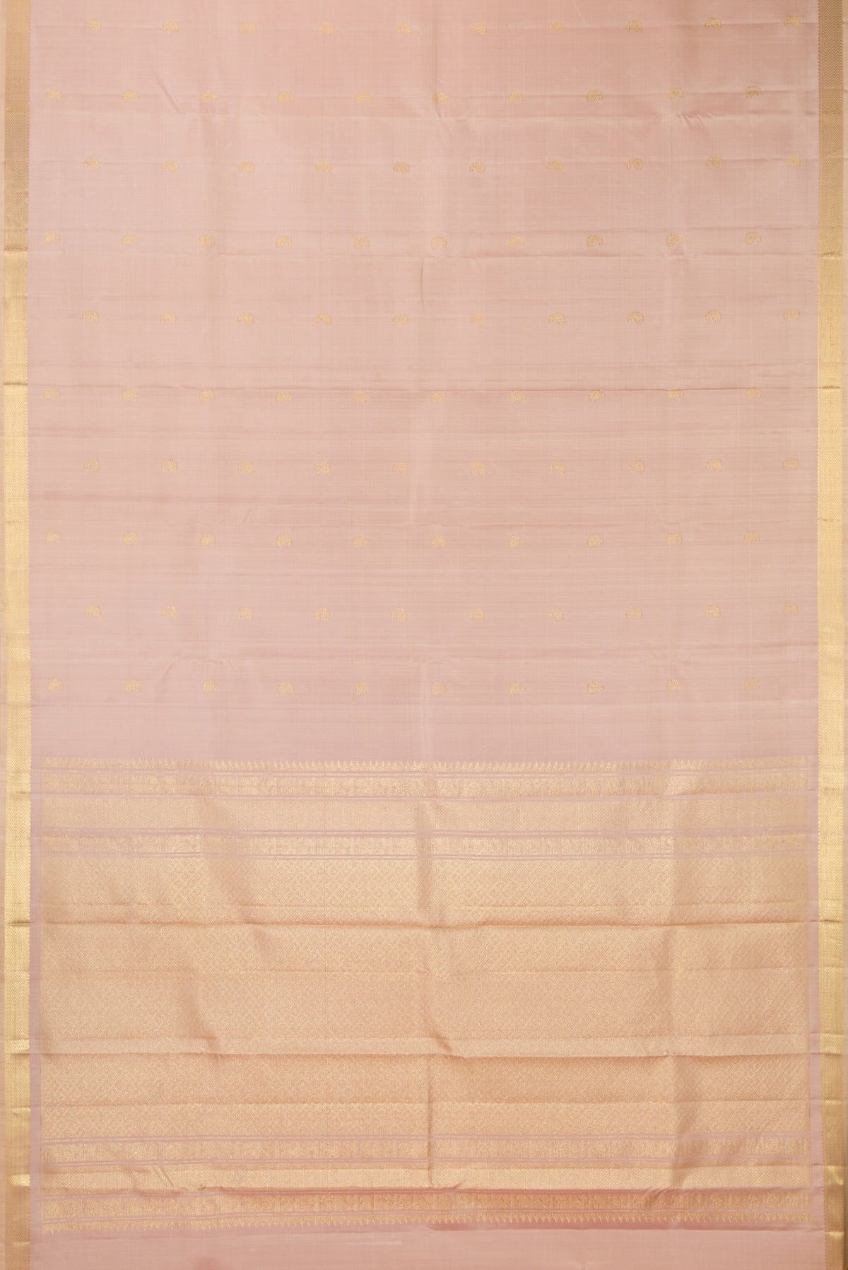 Flat view of Pure Silk Sandal Kanchipuram Saree with Zari Butta on the body and Zari Border. 
