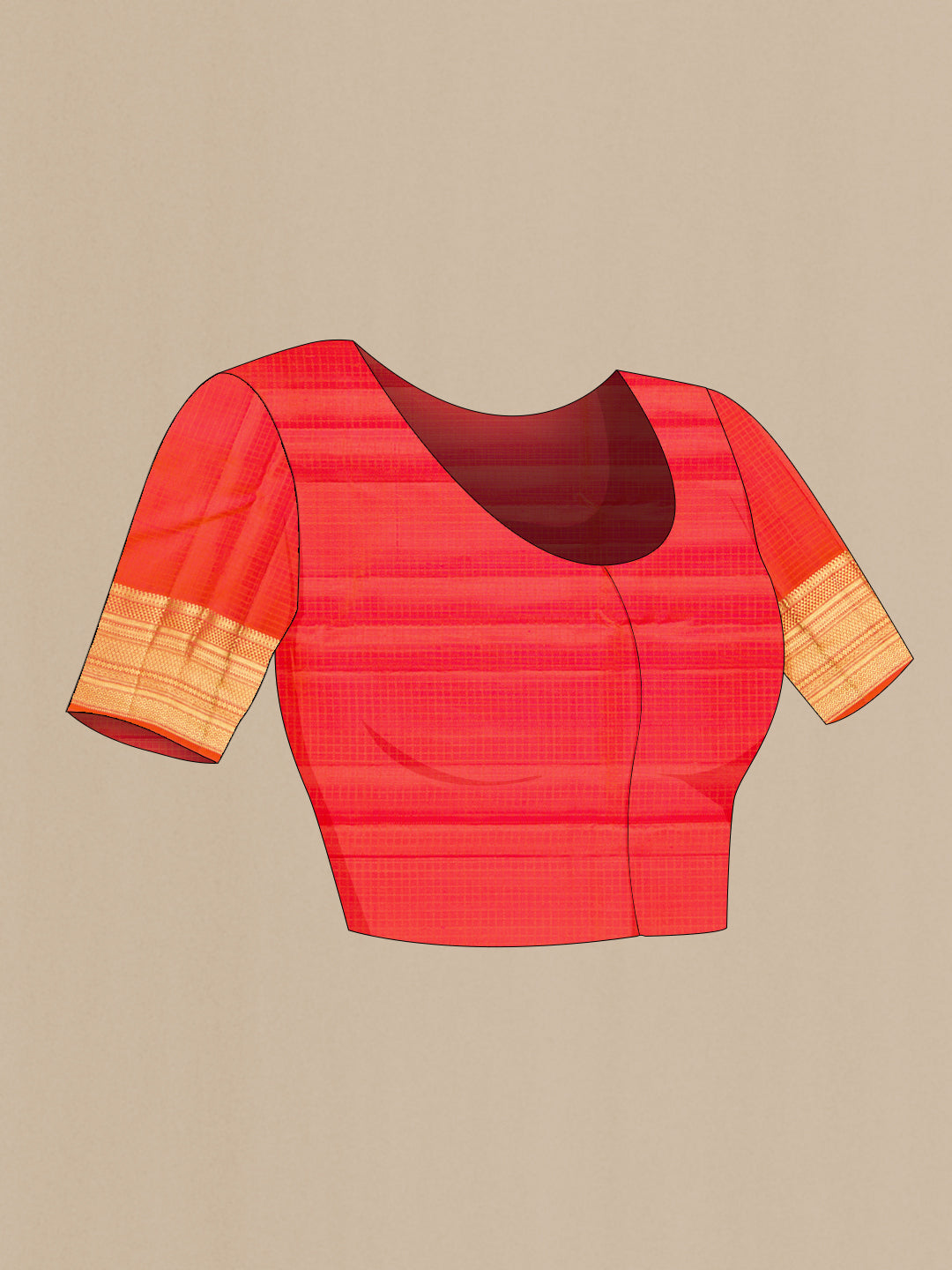 Close up image of the blouse of Pure Silk Orange Dual Tone Kanchipuram Saree with Checked design on the body and Zari Border. 
