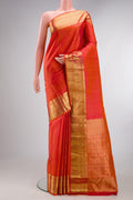Pure Silk Orange Dual Tone Kanchipuram Saree with Checked design on the body and Zari Border.  displayed on a mannequin