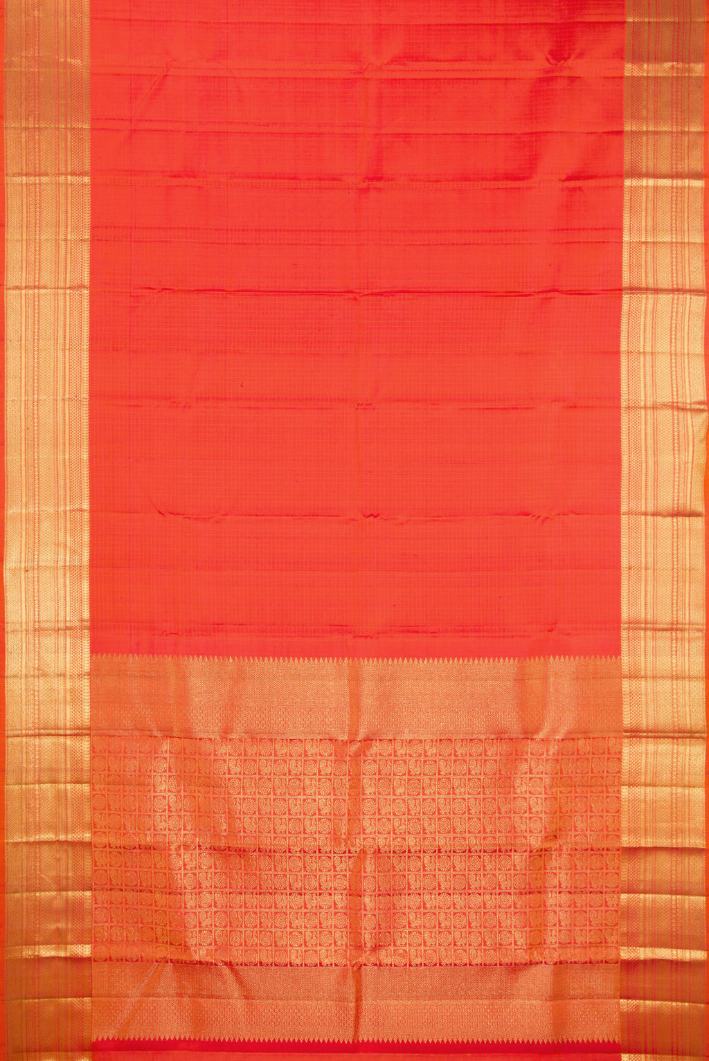 Flat view of Pure Silk Orange Dual Tone Kanchipuram Saree with Checked design on the body and Zari Border. 