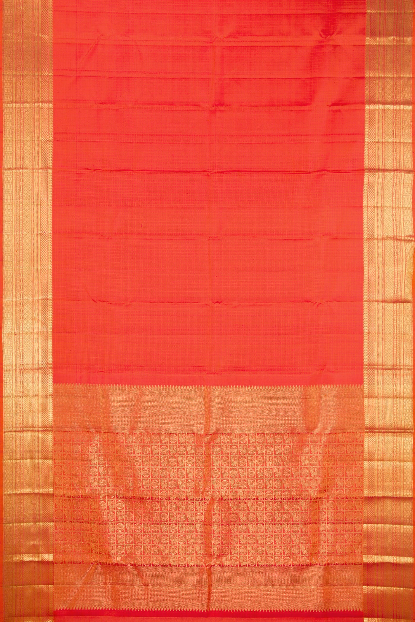 Flat view of Pure Silk Orange Dual Tone Kanchipuram Saree with Checked design on the body and Zari Border. 