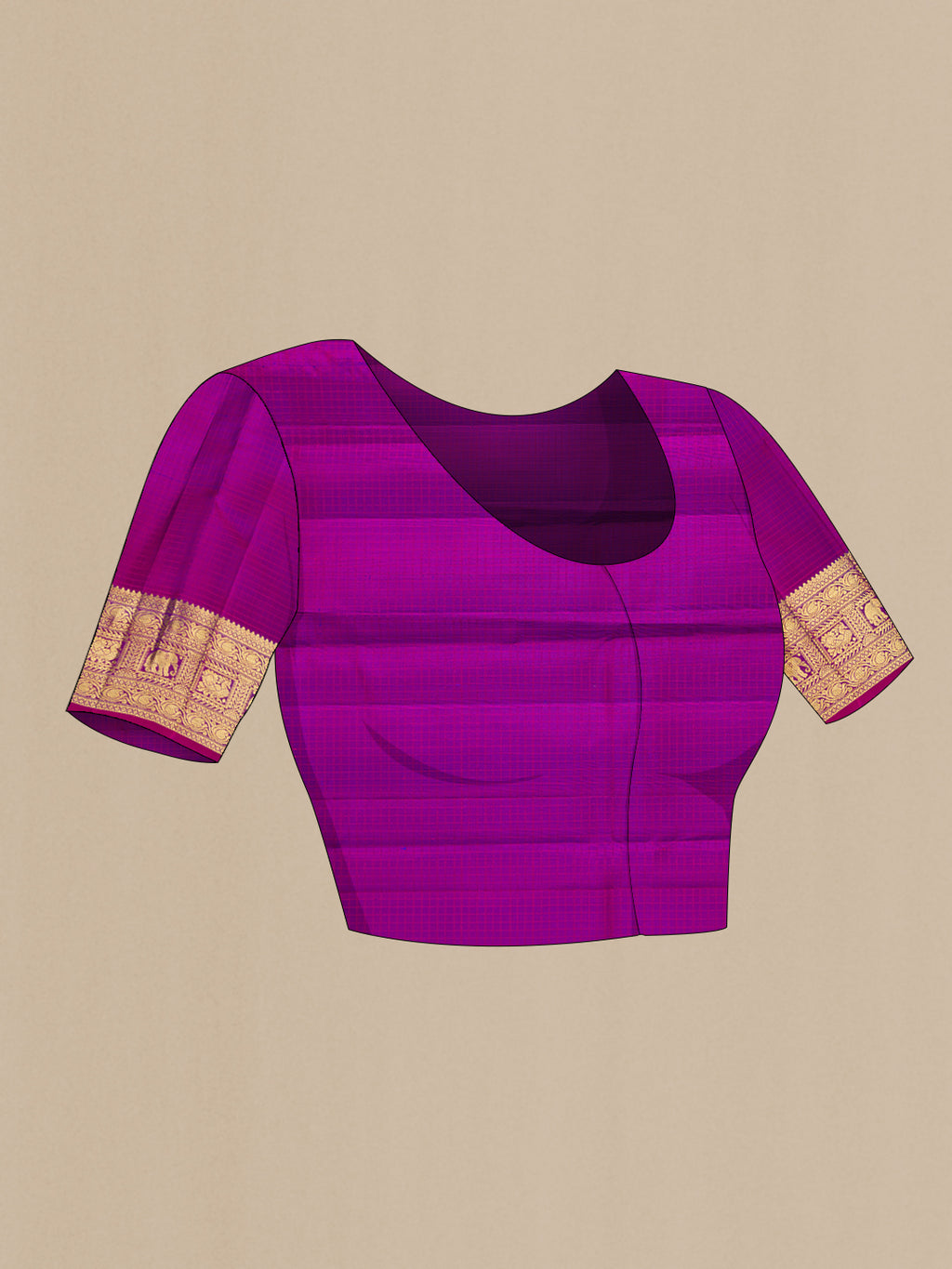 Close up image of the blouse of Pure Silk Purple Kanchipuram Saree with Checked design on the body and Zari Border. 