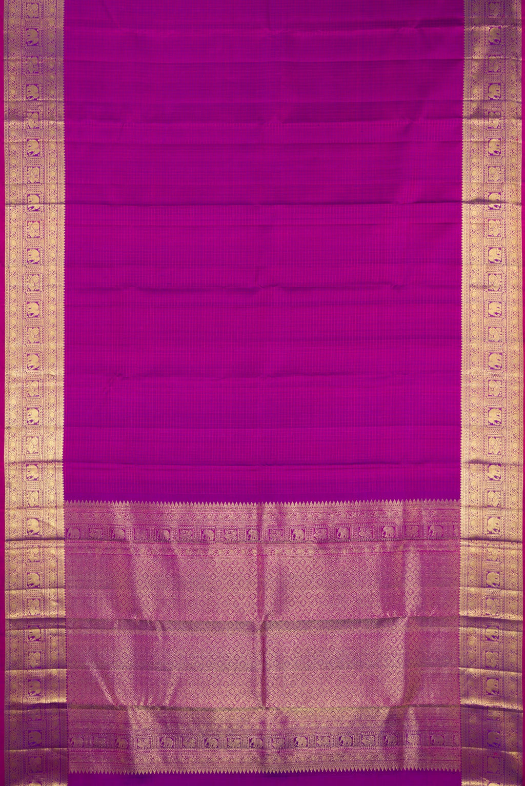Flat view of Pure Silk Purple Kanchipuram Saree with Checked design on the body and Zari Border. 