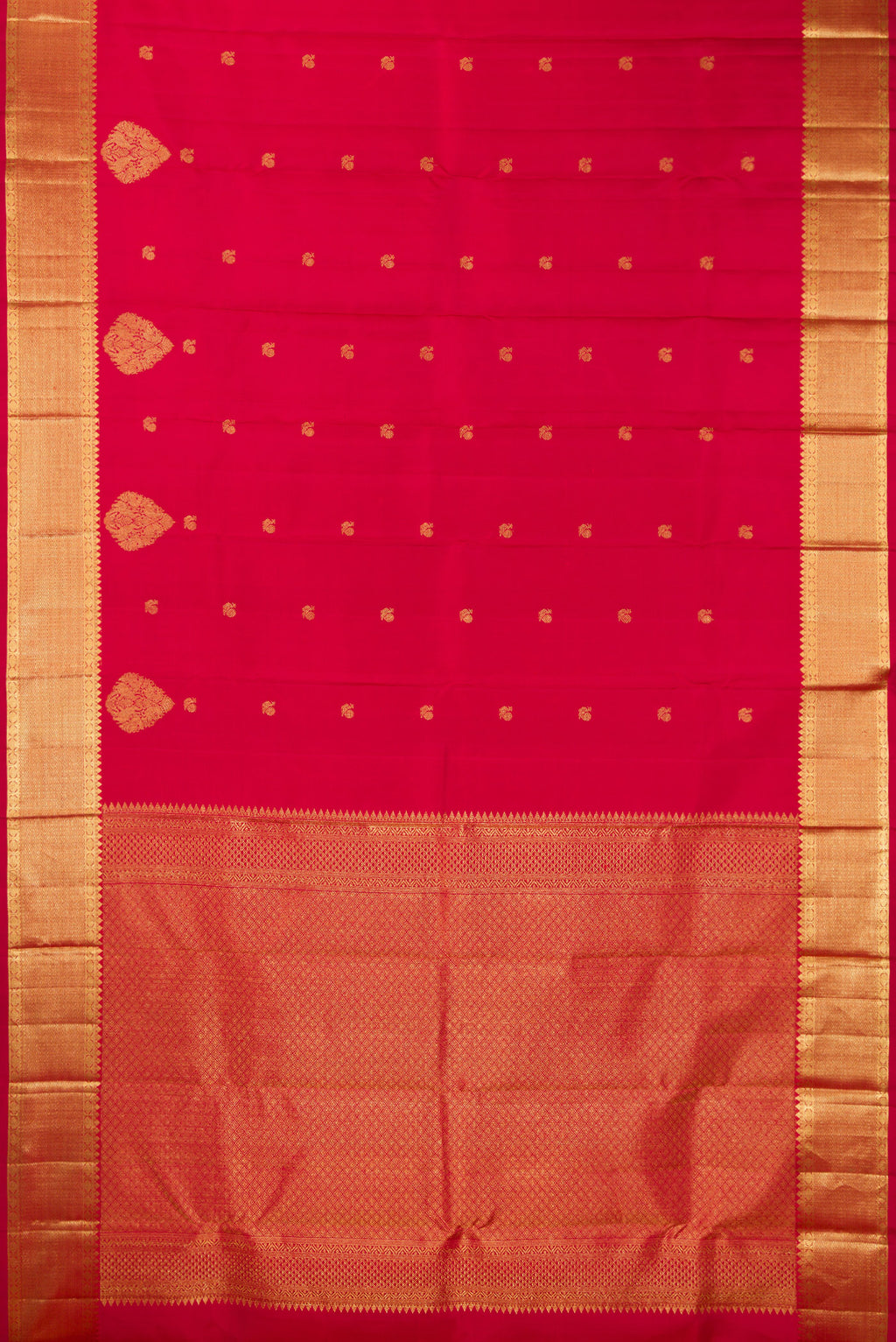 Flat view of Pure Silk Red Kanchipuram Saree with Zari Butta on the body and Fancy Border. 
