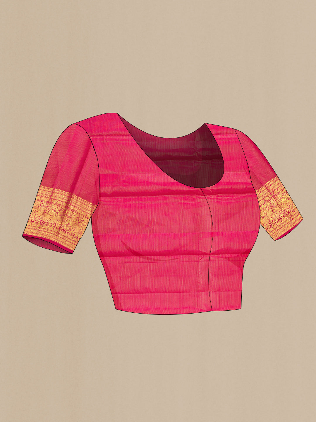 Close up image of the blouse of Pure Silk Coral Dual Tone Kanchipuram Saree with Zari Butta on the body and Zari Border. 