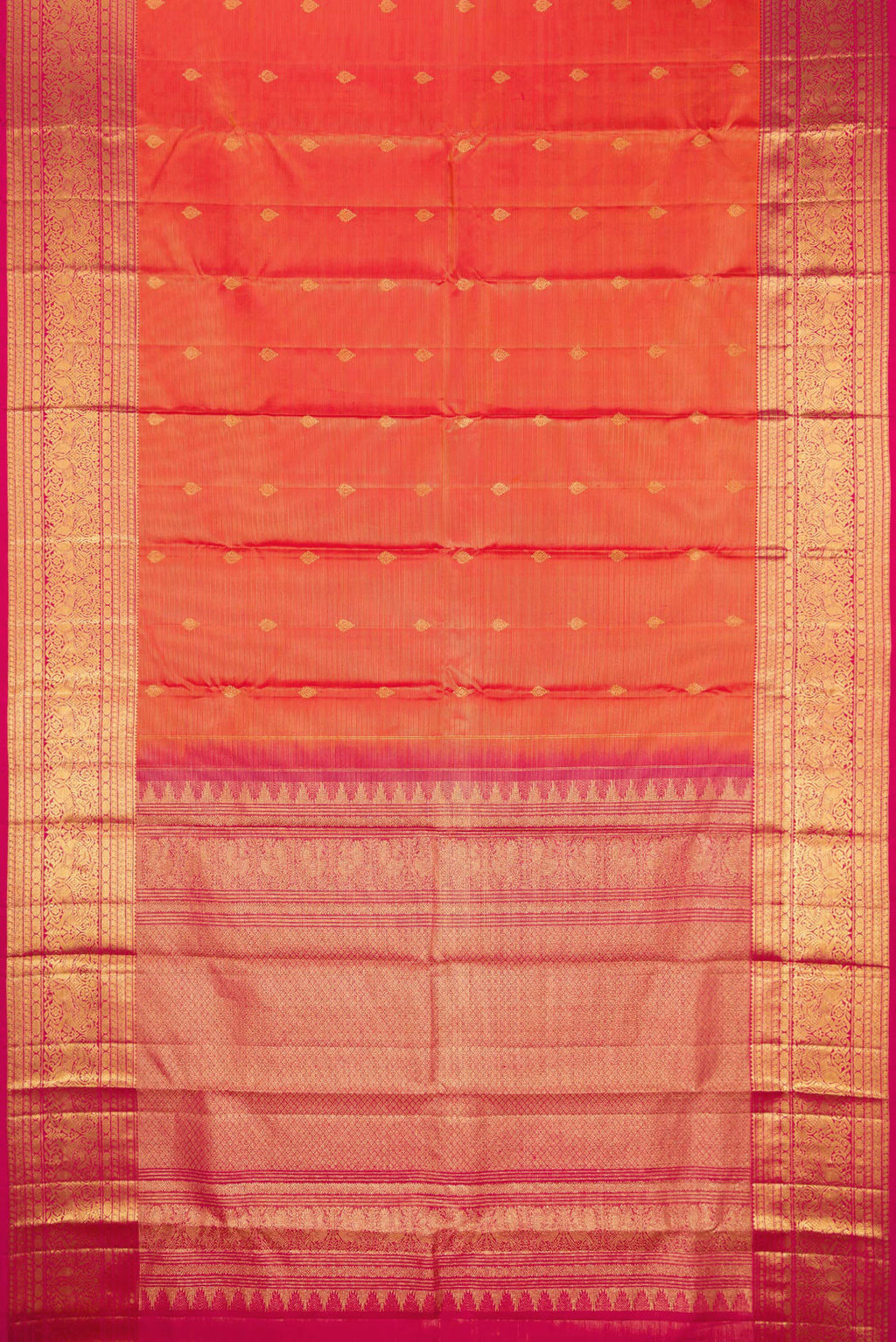 Flat view of Pure Silk Coral Dual Tone Kanchipuram Saree with Zari Butta on the body and Zari Border. 