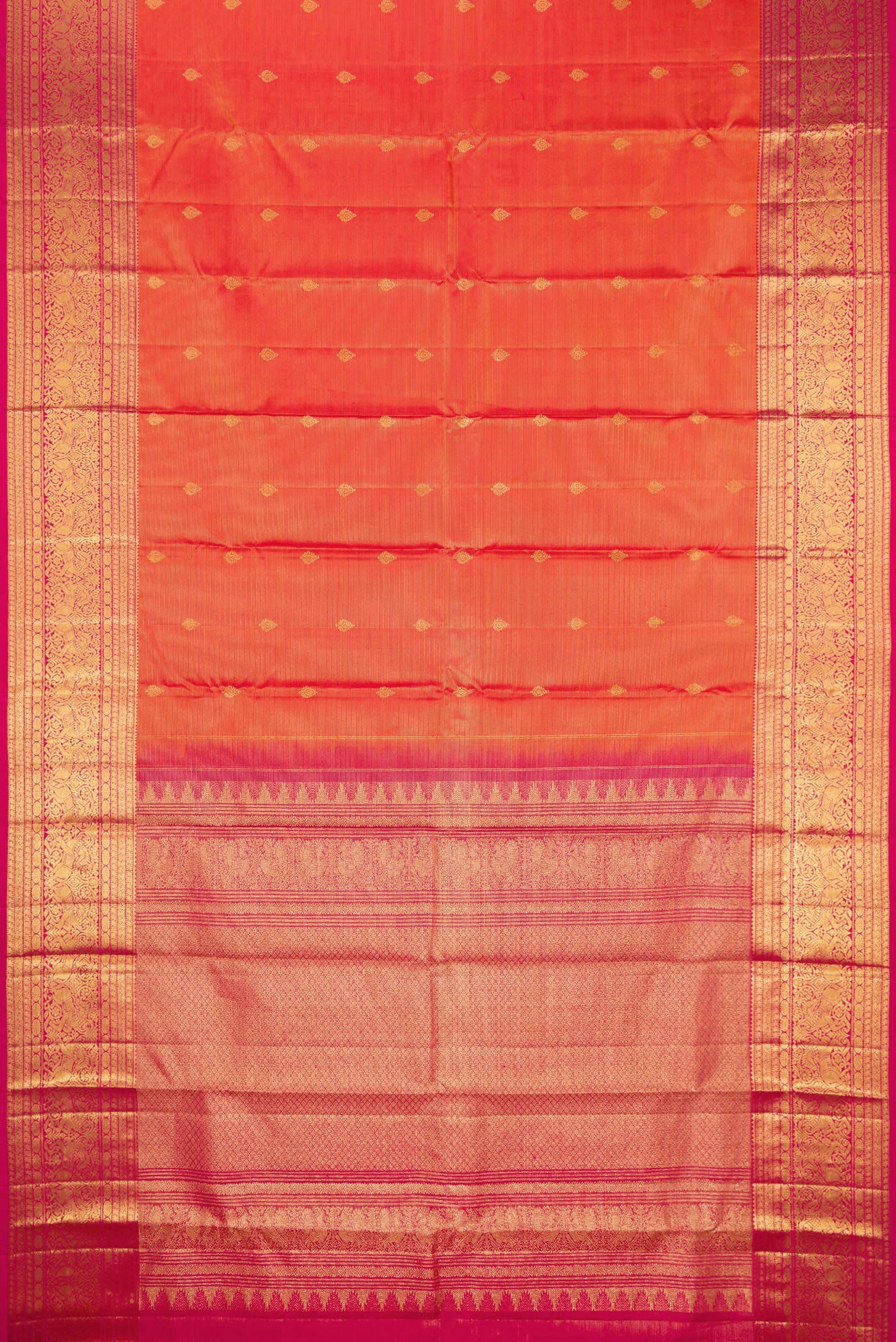 Flat view of Pure Silk Coral Dual Tone Kanchipuram Saree with Zari Butta on the body and Zari Border. 