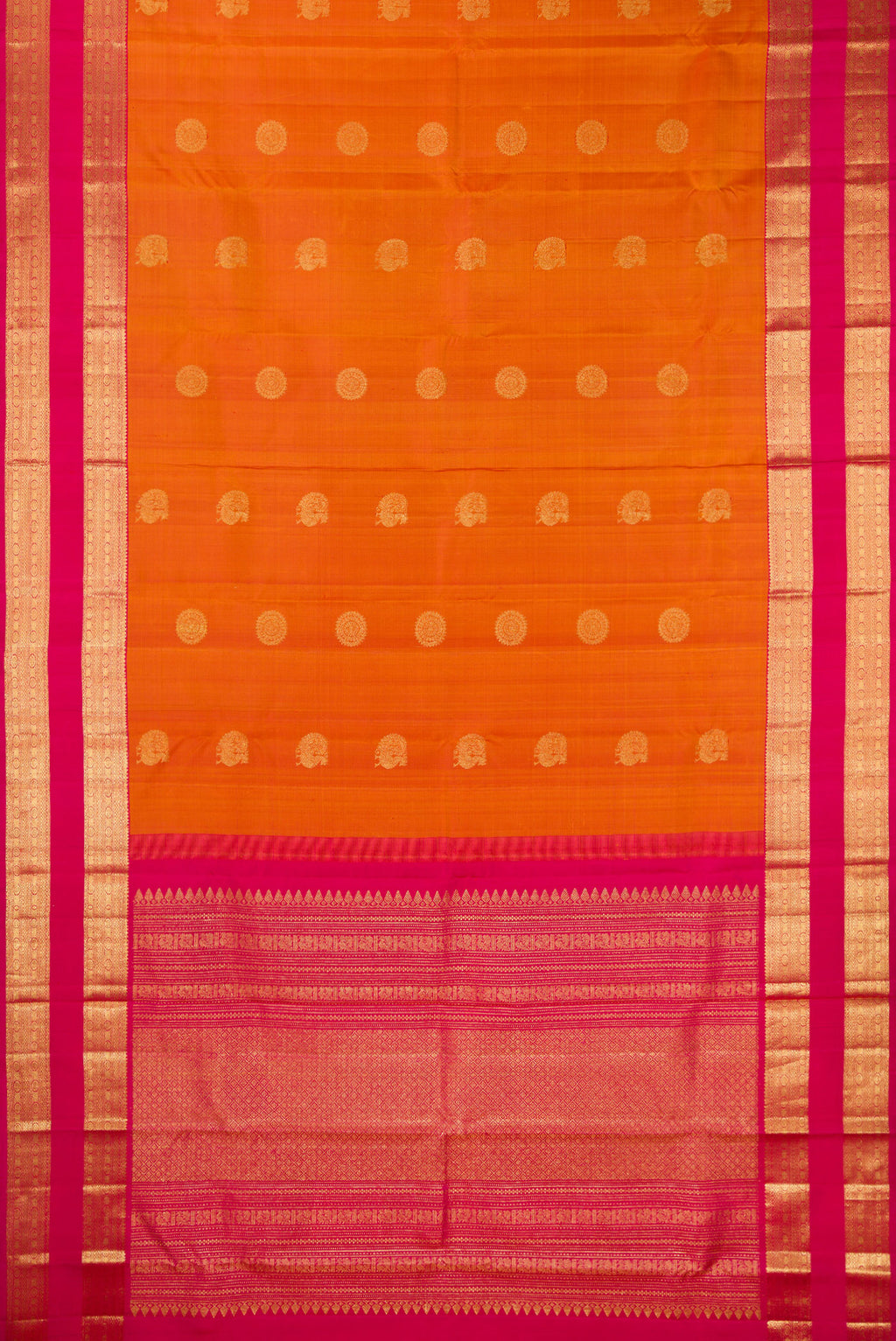 Flat view of Pure Silk Mustard Kanchipuram Saree with Zari Butta on the body and Zari Border. 