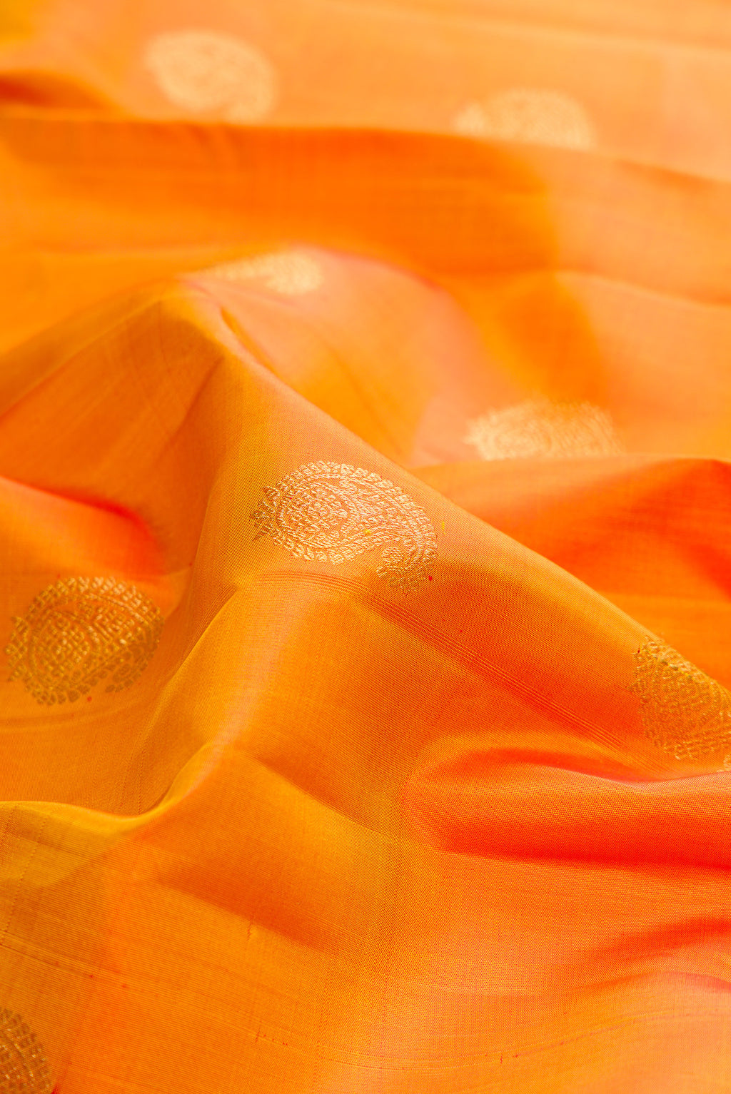 Close up of Pure Silk Mustard Kanchipuram Saree with Zari Butta on the body and Zari Border.  displaying folds