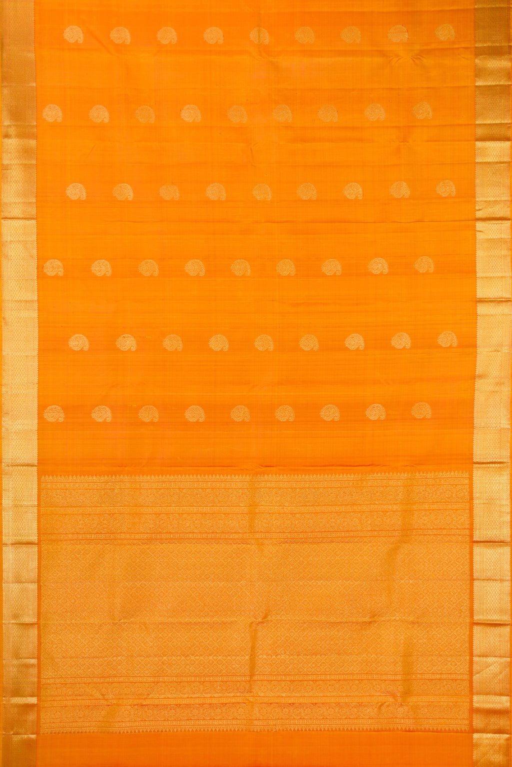 Flat view of Pure Silk Mustard Kanchipuram Saree with Zari Butta on the body and Zari Border. 
