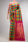Pure Silk Multi Color Kanchipuram Saree with Checked design on the body and Zari Border.  displayed on a mannequin