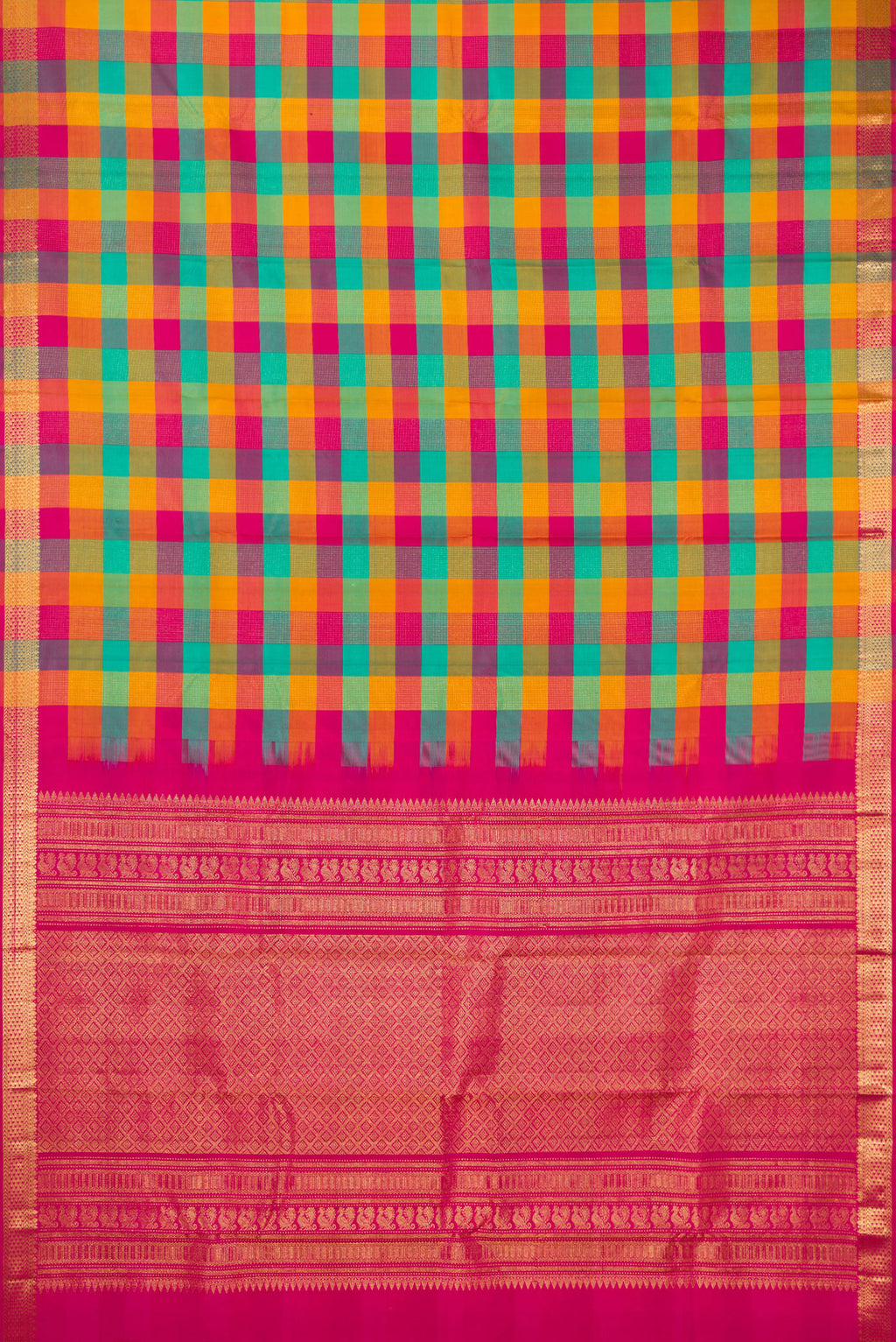 Flat view of Pure Silk Multi Color Kanchipuram Saree with Checked design on the body and Zari Border. 