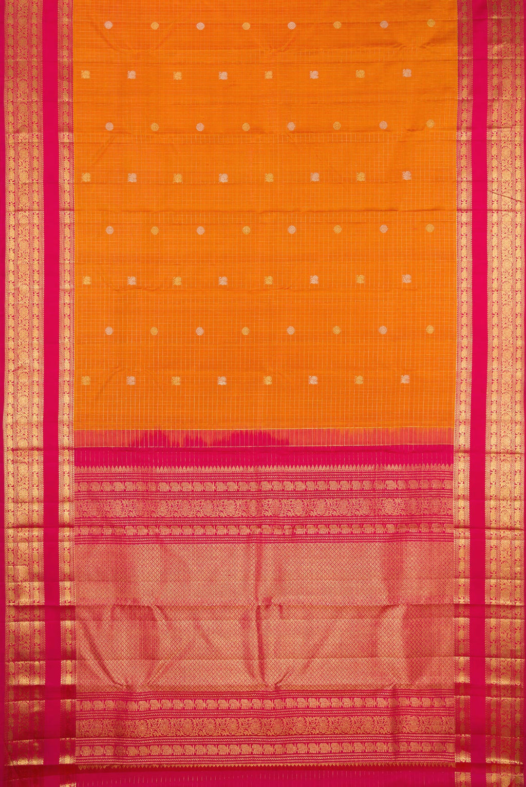 Flat view of Pure Silk Mustard Kanchipuram Saree with Checked design on the body and Zari Border. 