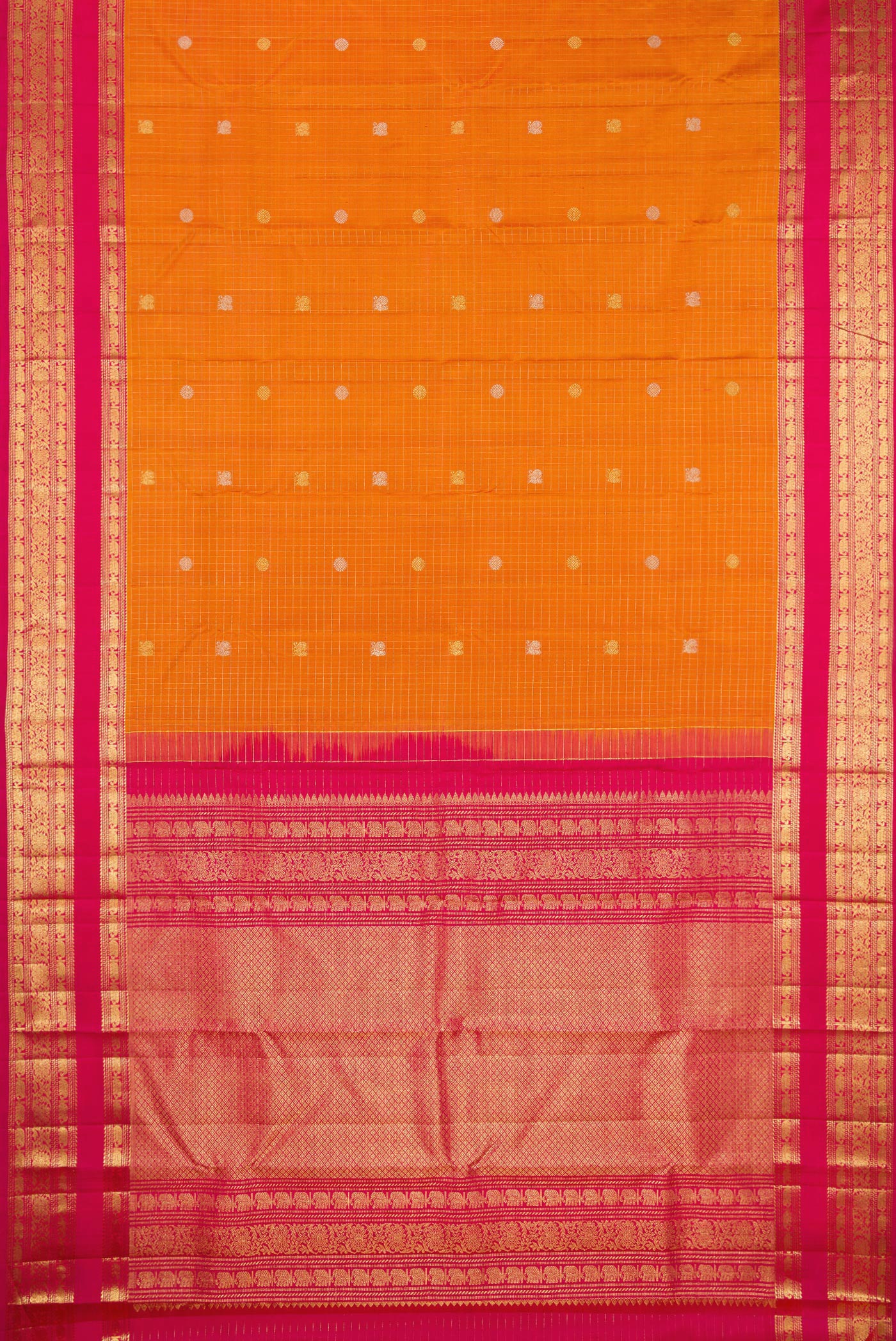 Flat view of Pure Silk Mustard Kanchipuram Saree with Checked design on the body and Zari Border. 