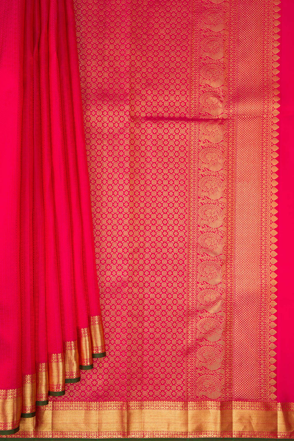 Pleats and pallu of Pure Silk Dark Pink Kanjivaram Saree with Jacquard design on the body and Zari Border. 