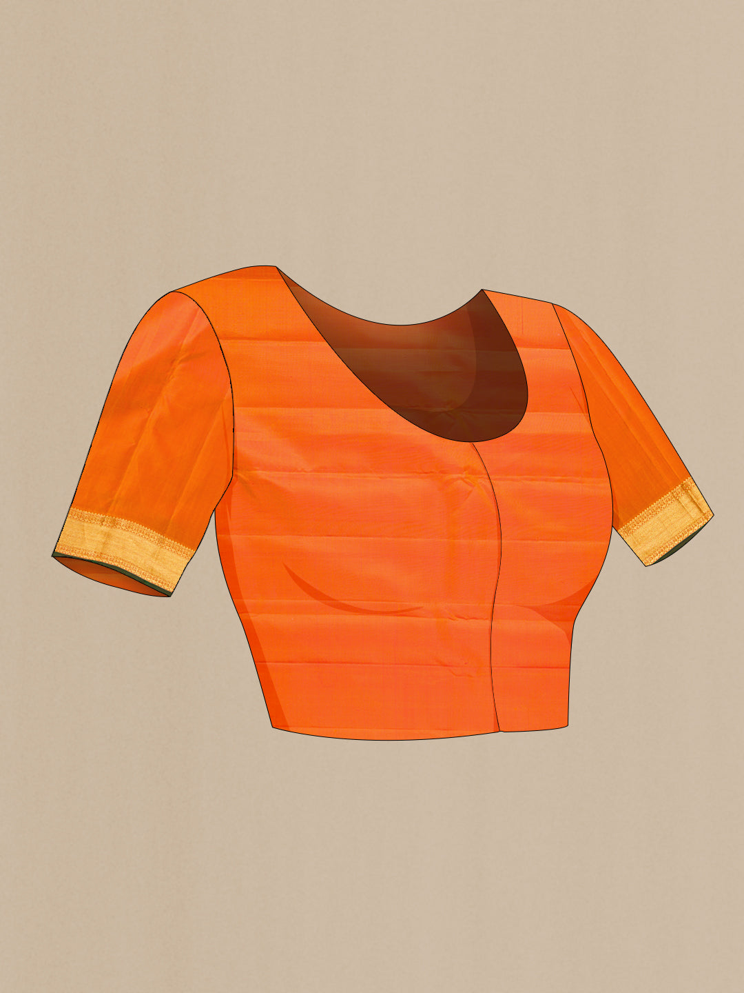 Close up image of the blouse of Pure Silk Orange Kanjivaram Saree with Jacquard design on the body and Zari Border. 